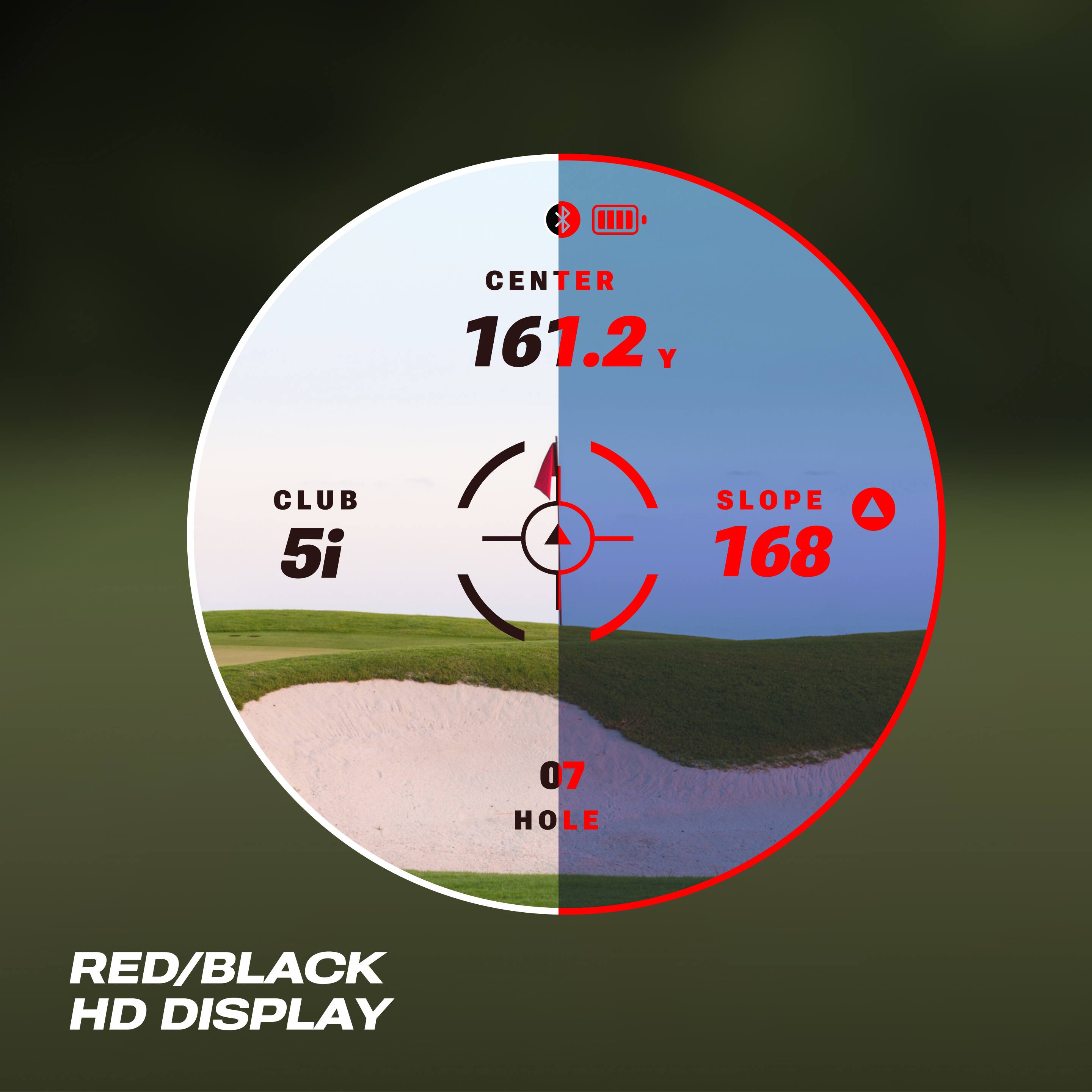 CENTER 161.2 Y  
CLUB 5i  
SLOPE 168  
07 HOLE  
RED/BLACK HD DISPLAY