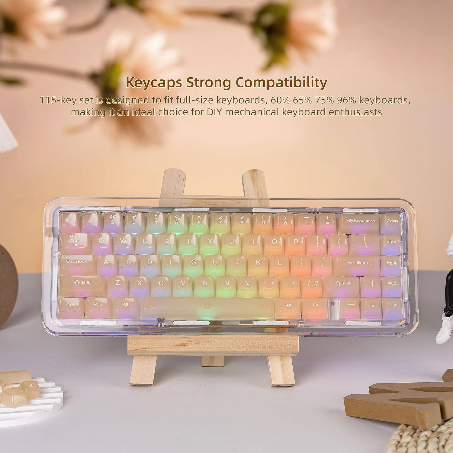 Keycaps Strong Compatibility  
115-key set is designed to fit full-size keyboards, 60% 65% 75% 96% keyboards, making it an ideal choice for DIY mechanical keyboard enthusiasts

Eso  
2  
3  
4  
5  
6  
7  
9  
Backspace  
Delete  
Q  
W  
E  
R  
T  
Y  
U  
I  
0  
P  
End  
Capslock  
A  
S  
D  
F  
G  
H  
J  
K  
L  
Enter  
Pgup  
Shift  
Z  
X  
C  
V  
N  
M  
Shift  
PgDn  
Win  
Alt  
Alt  
B1