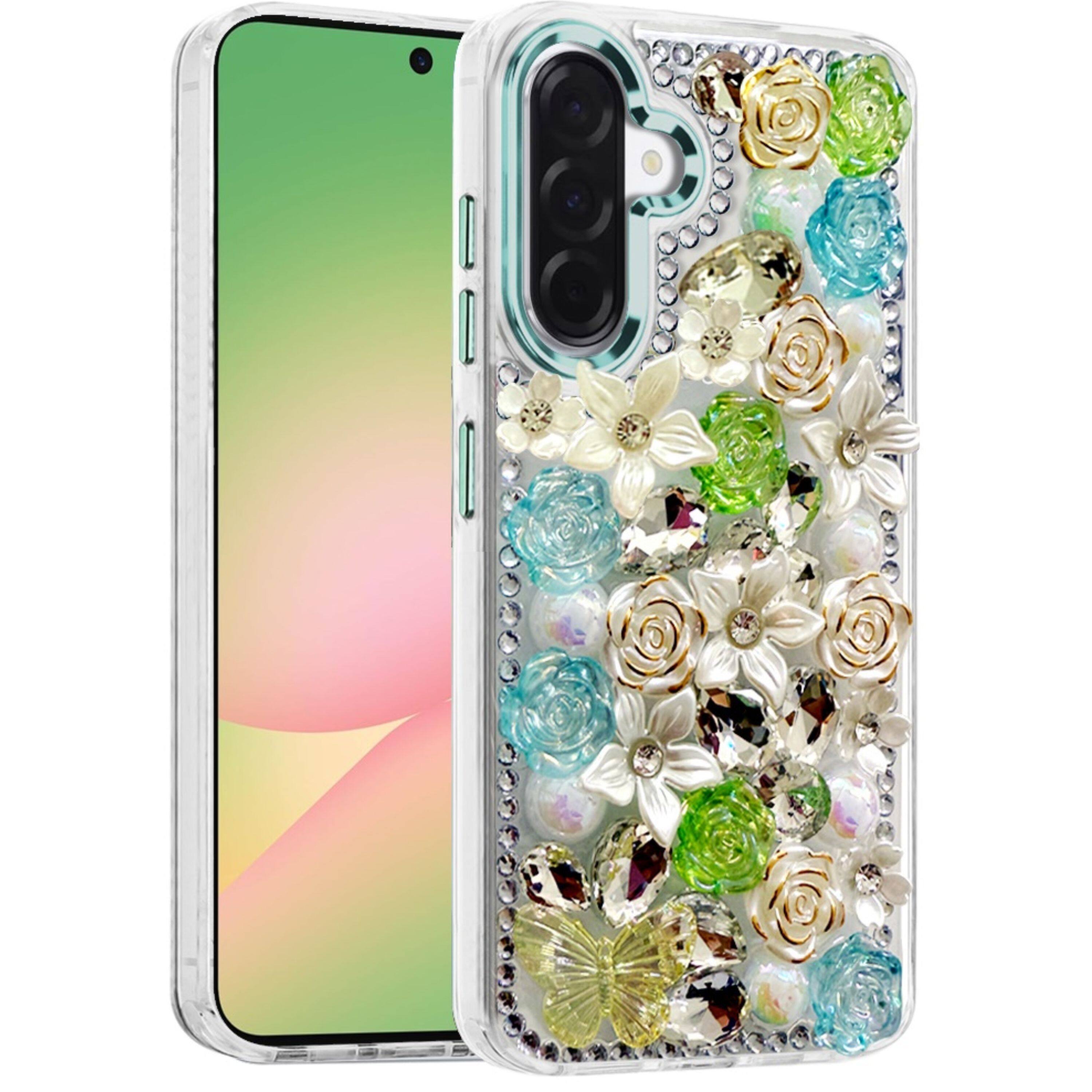 Left. Kitcheniva - Full Floral 3D Bling Phone Case With Tempered Glass For Samsung Galaxy A57 5G Green - Green.