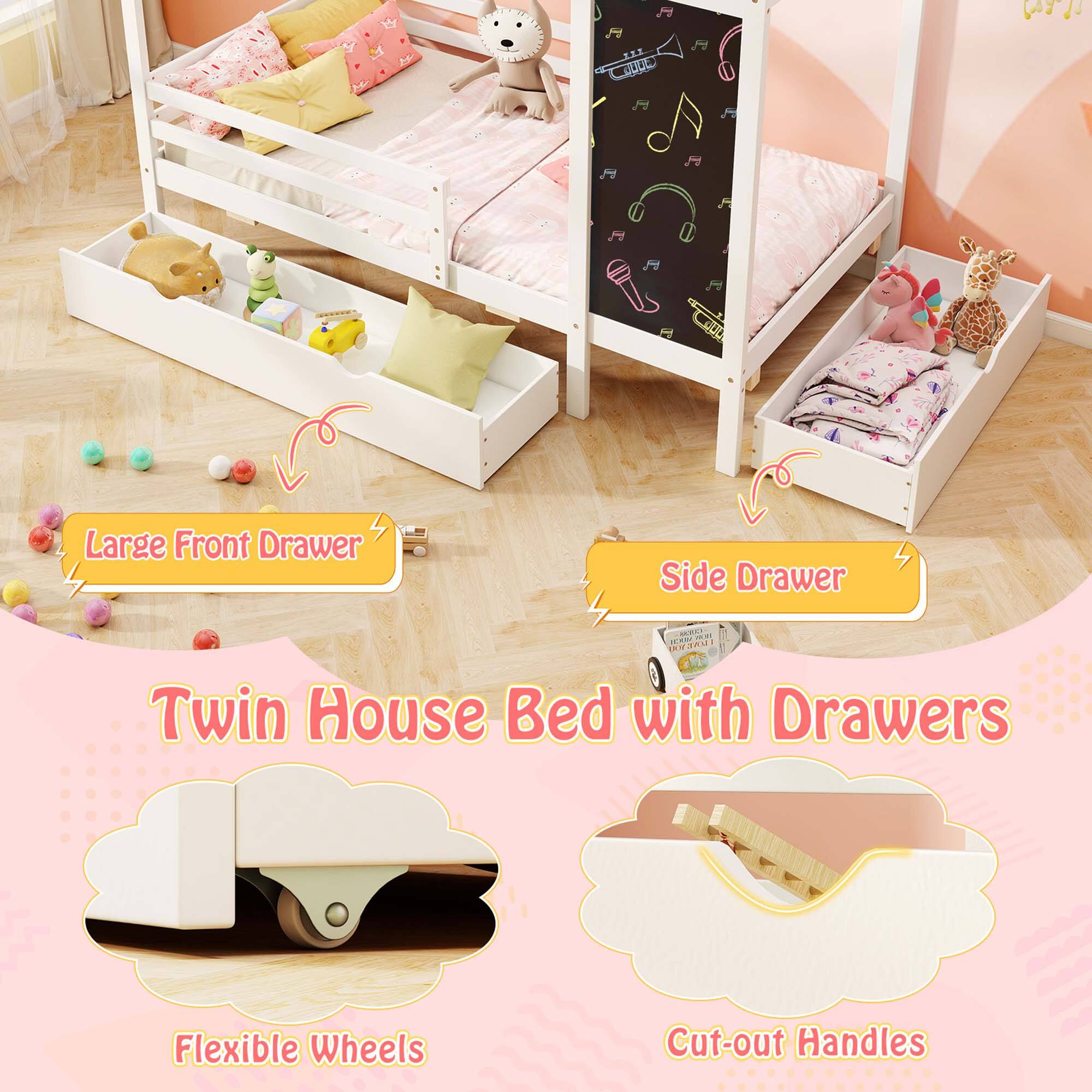 Twin House Bed with Drawers: Large Front Drawer, Side Drawer, Flexible Wheels, Cut-out Handles