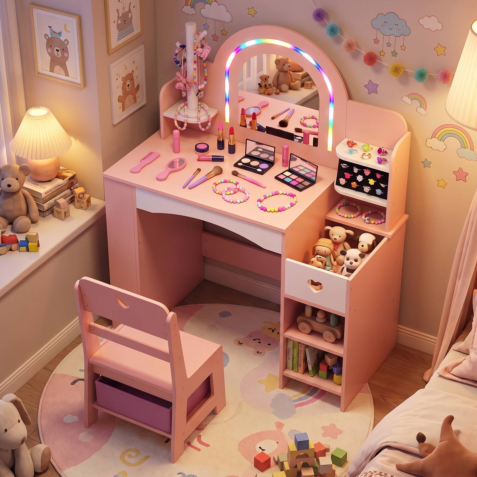 Alt View 3. Costway - Costway Kids Vanity Set with Colorful LED Lights Jewelry Stand Storage Shelves Ring Slots - Pink.