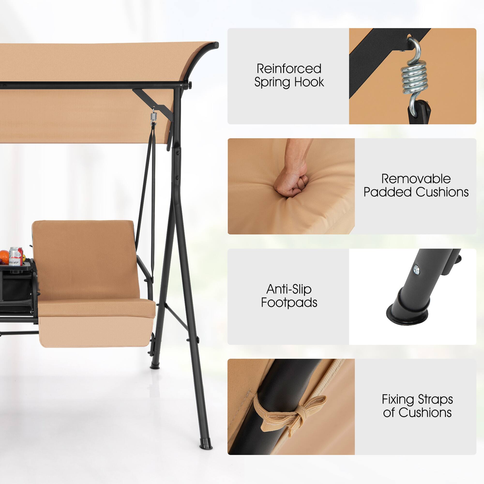 Alt View 7. Gymax - Gymax 2-Person Canopy Porch Swing Padded Chair Cooler Bag Rotatable Tray Beige - Beige.