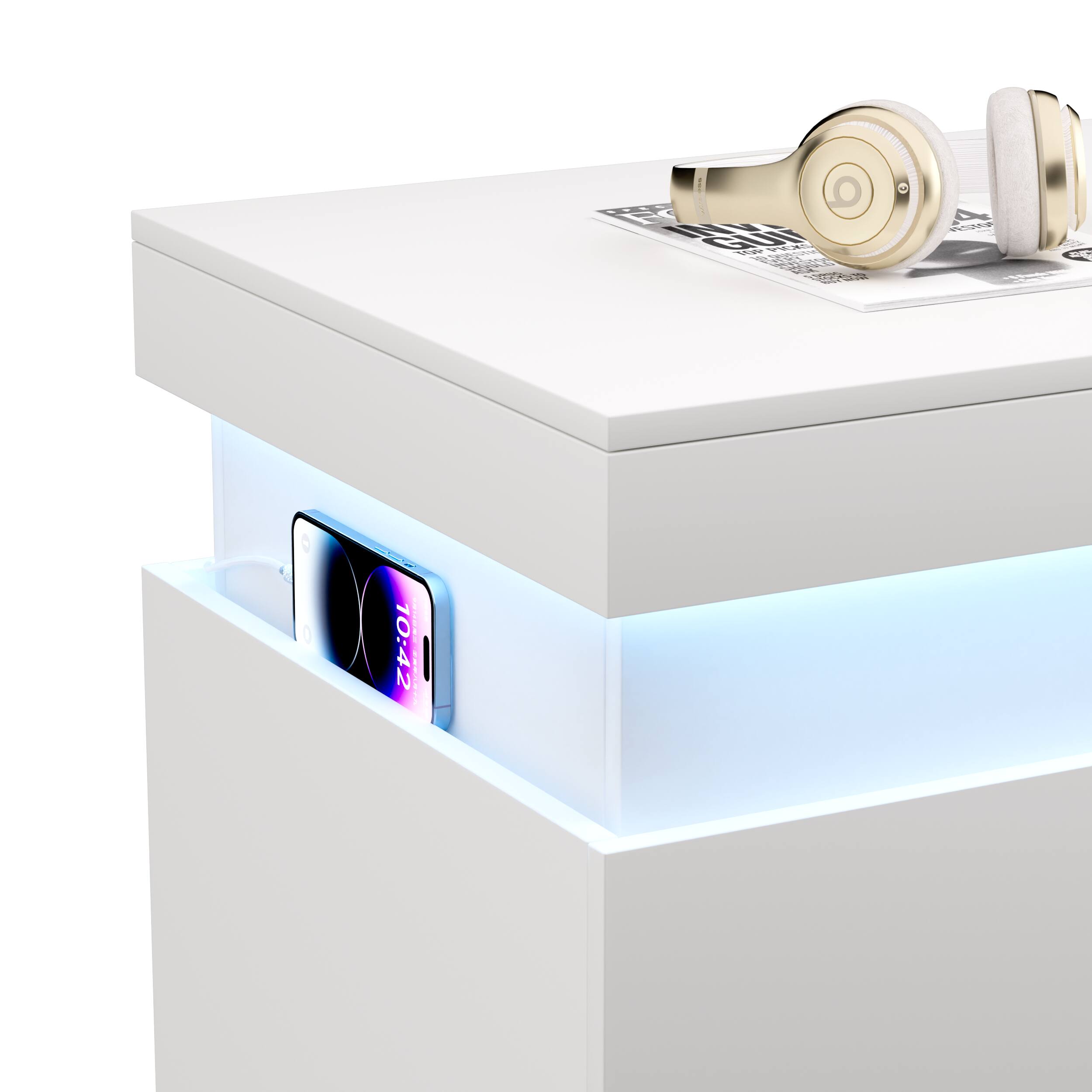 Alt View 7. Meqiodas - Nightstand with Charging Station and LED Lights,Night Stand with Sliding Top for Bedroom,Bedside Table with Drawers - White.