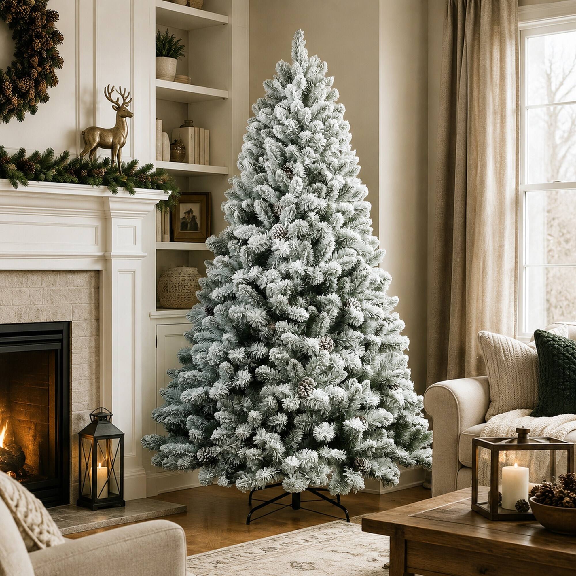 Left. RYHNUYNE - 6FT Flocked Christmas Tree With Pine Cones, 888 Snowy PVC Tips 36 Natural Pinecones Full Shape Sturdy Metal Stand - Green,White.
