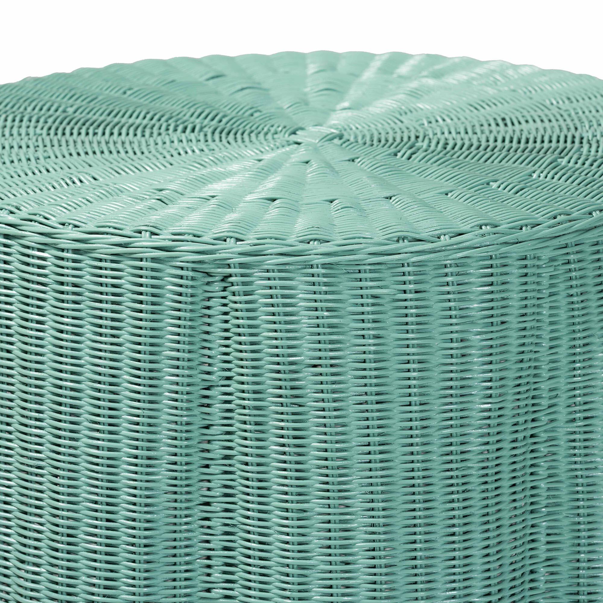 Angle. bali & pari - Palm Scallop Rattan Console Table – Handwoven Wicker Round Accent Table Green - Teal Green.