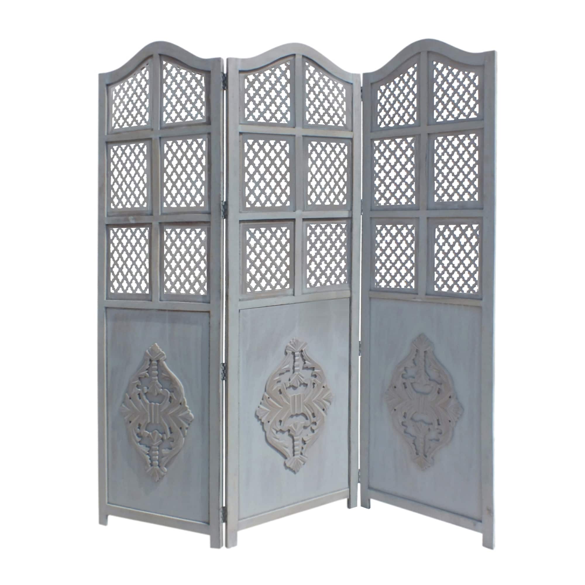 Front. Manhattan Lane - Three Panel Wooden Room Divider with Traditional Carvings and Cutouts - Blue.