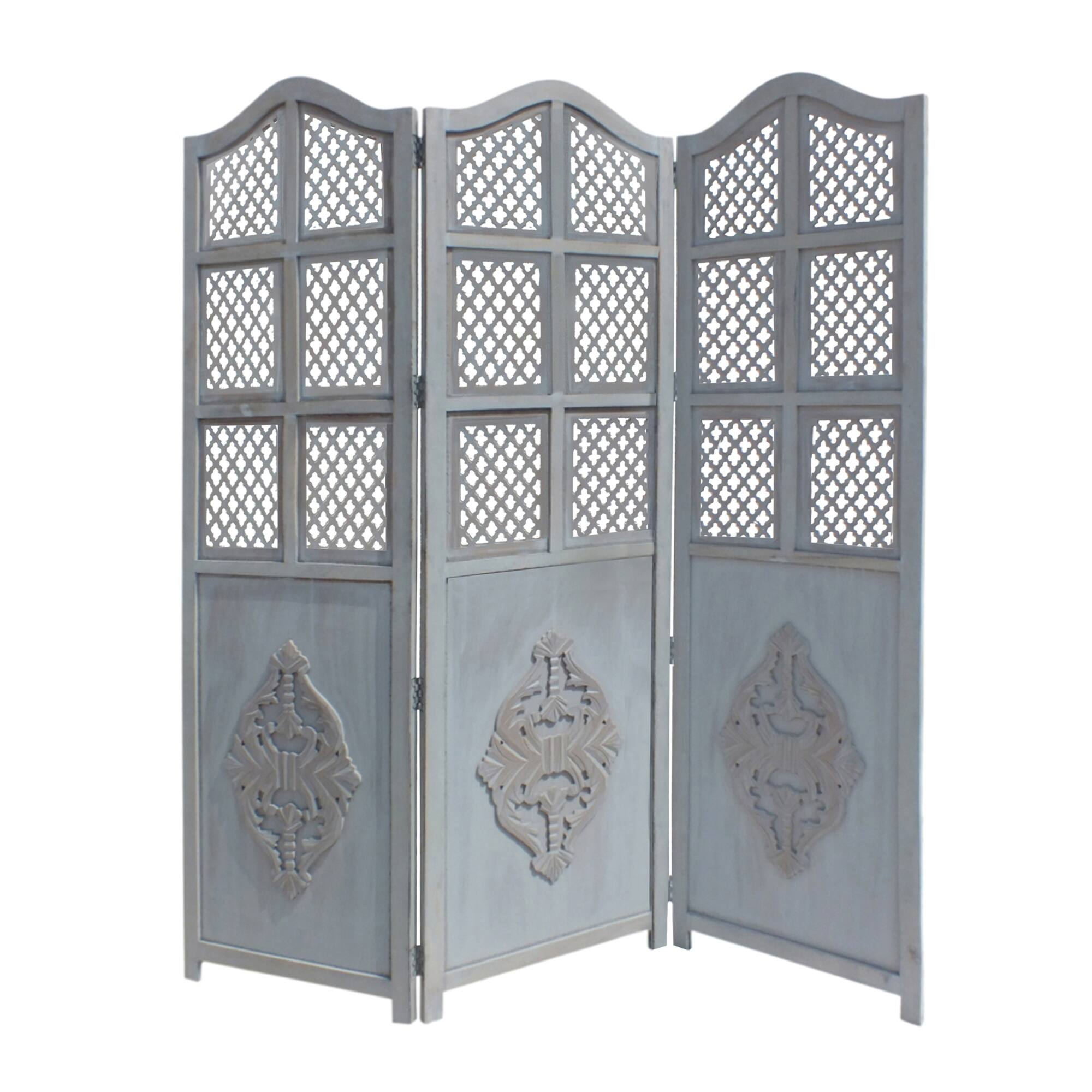 Front. Manhattan Lane - Three Panel Wooden Room Divider with Traditional Carvings and Cutouts - Blue.