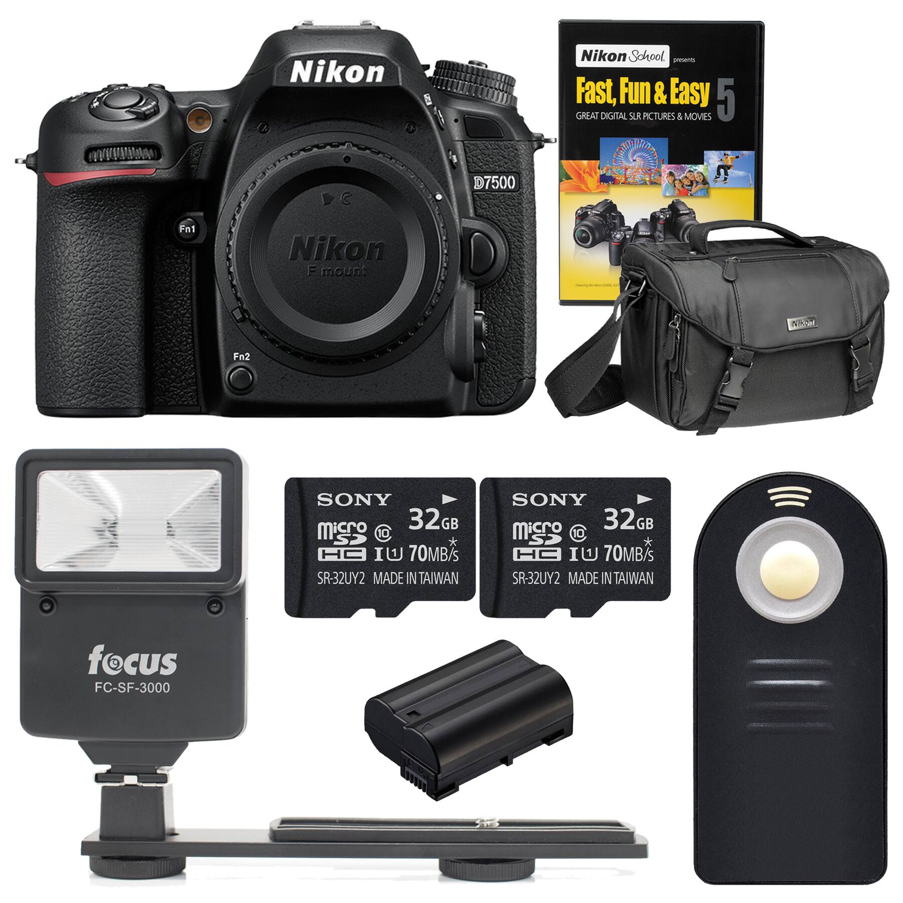 Nikon School: Fast, Fun & Easy 5 GREAT DIGITAL SLR PICTURES & MOVIES

Nikon D7500
Nikon F mount

SONY 32GB micro SDHC I U 70MB/s SR-32UY2 MADE IN TAIWAN

focus FC-SF-3000