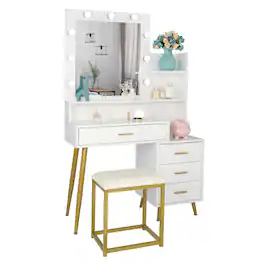 Winado - Vanity Set with 3 Color Lighted Mirror Makeup Table 4 Drawers Dresser Cabinet Desk with Open Shelves & Stool for Bedroom - White