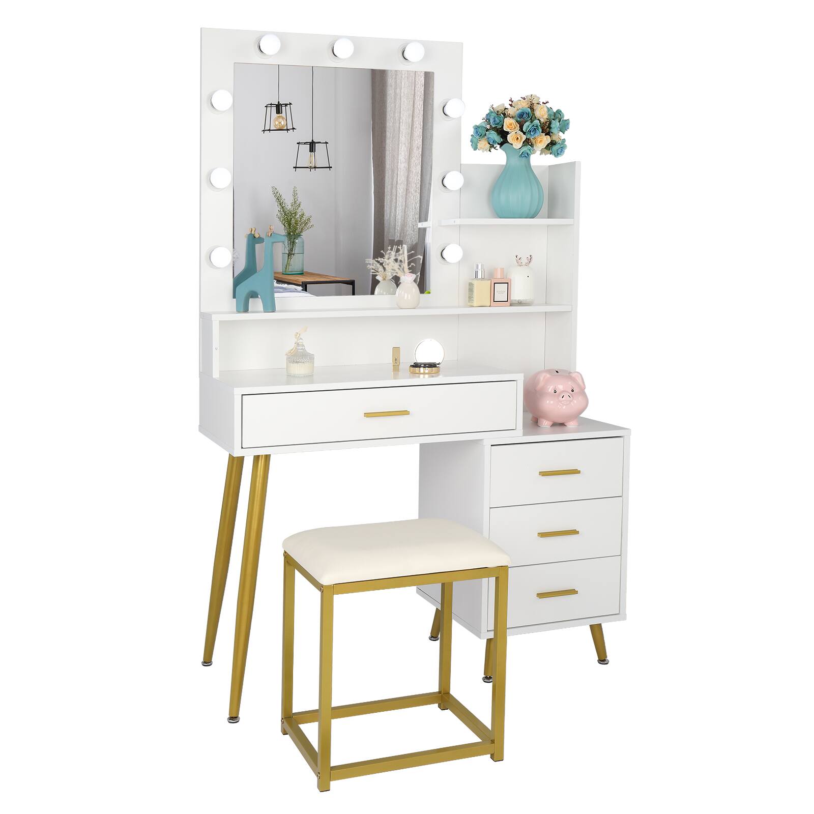 Front. Winado - Vanity Set with 3 Color Lighted Mirror Makeup Table 4 Drawers Dresser Desk - White.