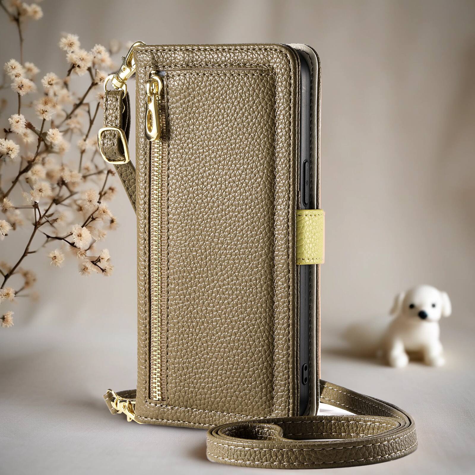 Left. Dteck - Wallet Case for Samsung Galaxy S26+ with Crossbody Strap and Wristlet, PU Leather Zipper Purse Kickstand Cover - Brown.