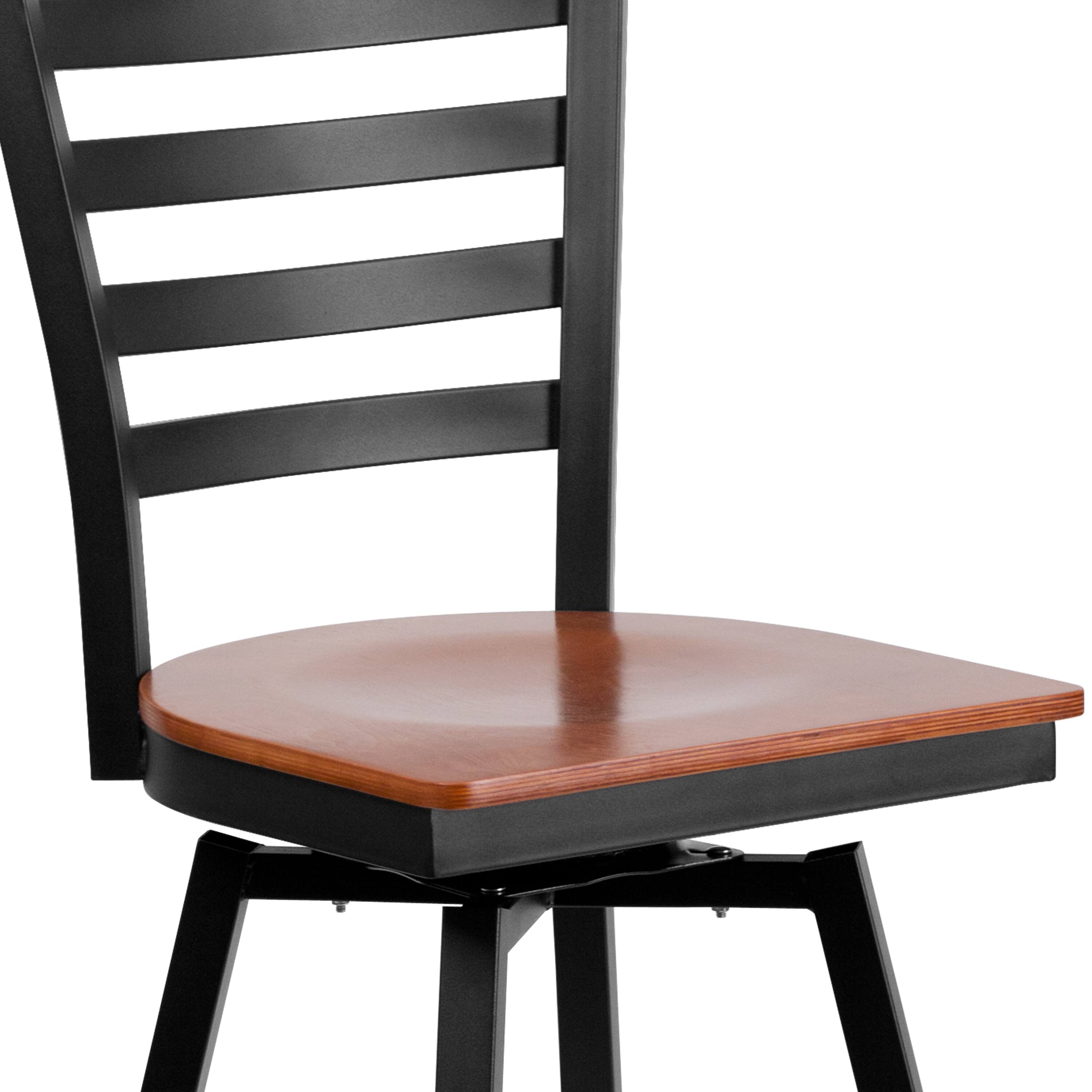 Alt View 9. Emma + Oliver - Ladder Back Swivel Metal Restaurant Dining Barstool - Cherry Wood Seat/Black Metal Frame.