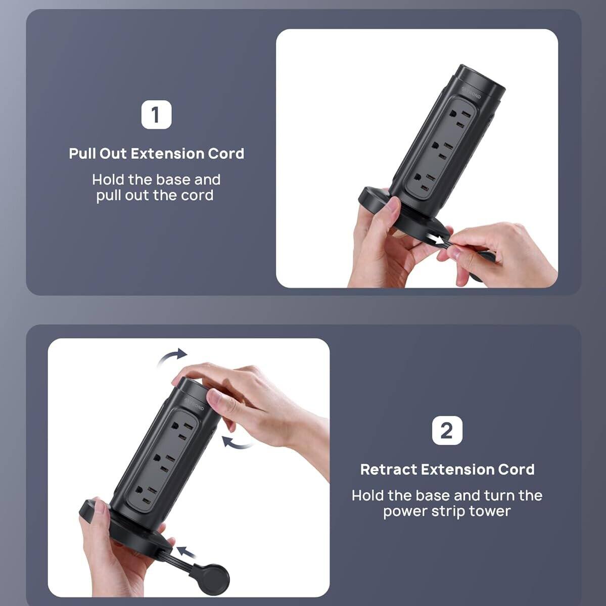 1. Pull Out Extension Cord  
   Hold the base and pull out the cord

2. Retract Extension Cord  
   Hold the base and turn the power strip tower
