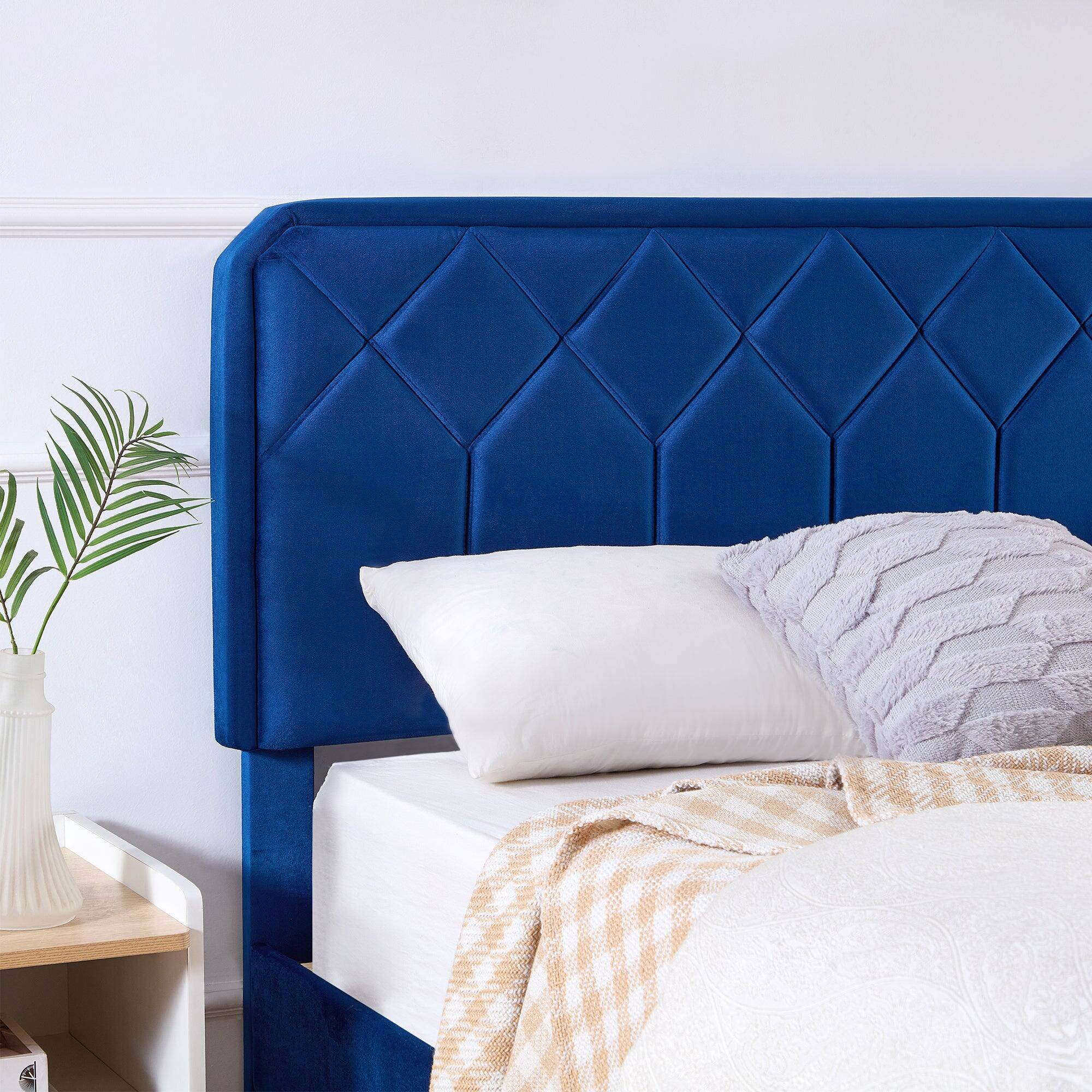 Left. Vecelo - Queen Size Upholstered Bed With Adjustable Headboard And Underbed Storage - Metal Platform Bed,Quiet Design - Dark Blue.