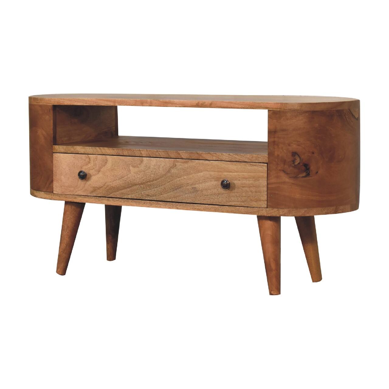 Left. Artisan Furniture - Artisan Furniture Solid Wood Mini Rounded Entertainment Unit, 1 Drawer, 1 Open Slot, Brown - Beige.