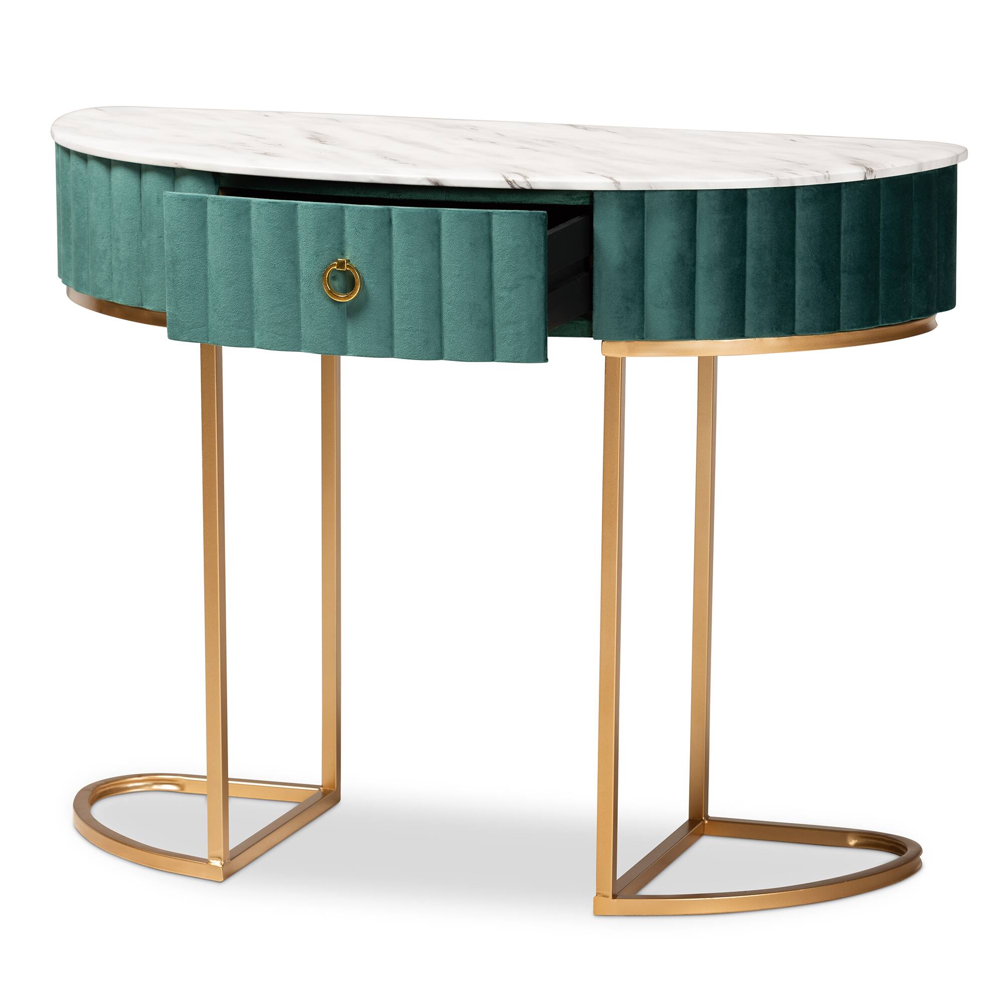 Angle. Baxton Studio - Beale Luxe and Glam Velvet Upholsteand Brushed Finished 1-Drawer Console Table with Faux Marble Tabletop - Green/Gold.