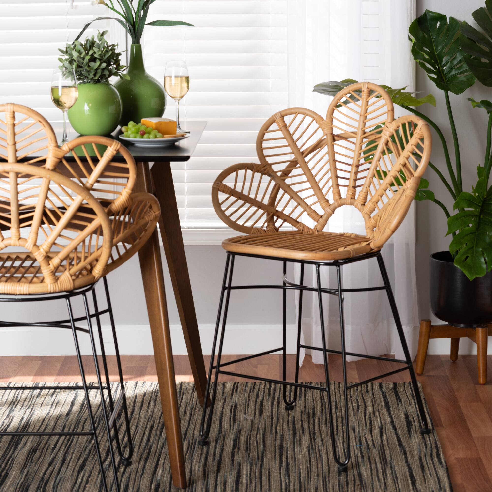 Alt View 4. bali & pari - Garan Modern Bohemian Natural Rattan and Metal Counter Stool - Natural Brown/Black.