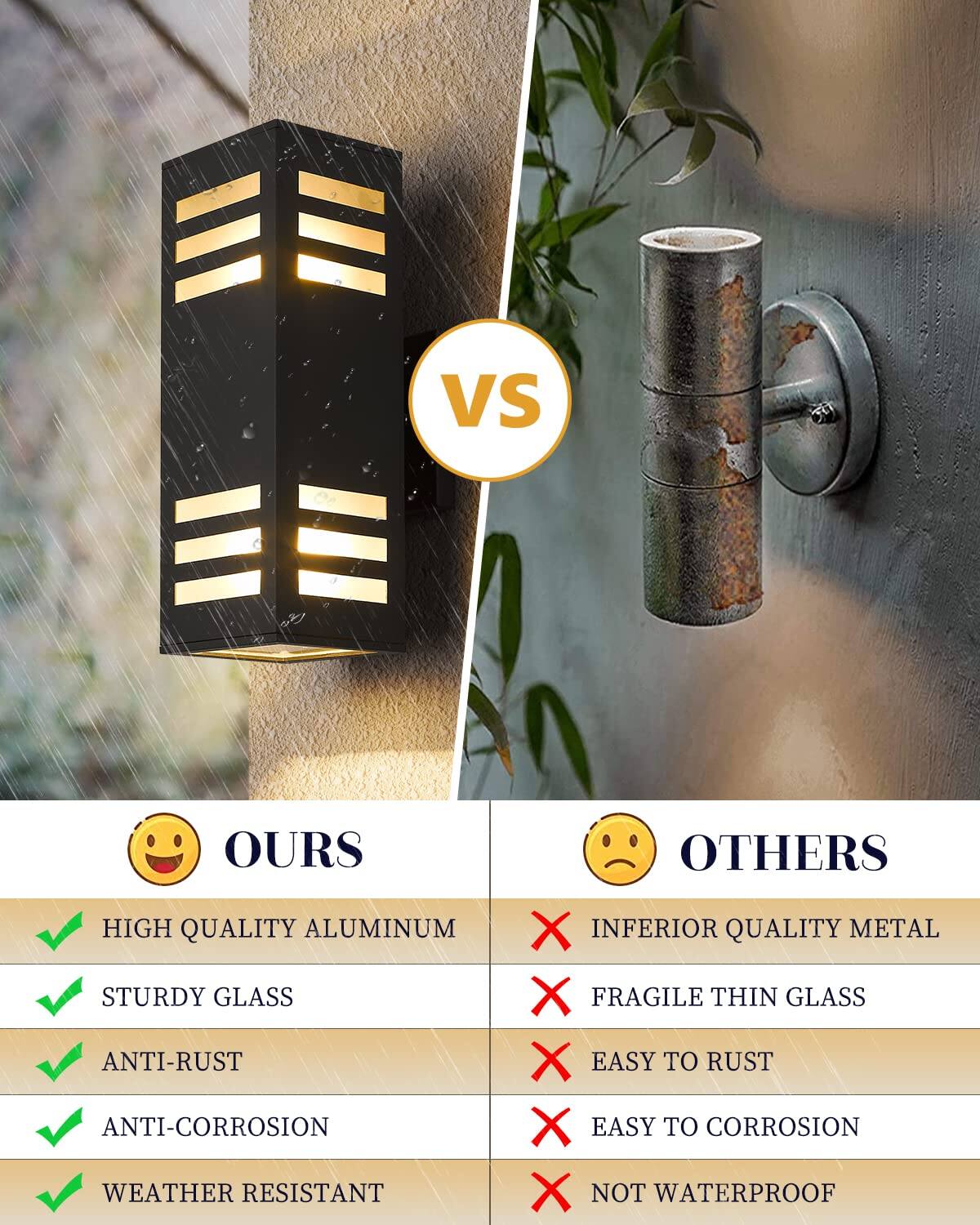 **VS**

**OUR PRODUCTS**

- HIGH QUALITY ALUMINUM
- STURDY GLASS
- ANTI-RUST
- ANTI-CORROSION
- WEATHER RESISTANT

**OTHER PRODUCTS**

- INFERIOR QUALITY METAL
- FRAGILE THIN GLASS
- EASY TO RUST
- EASY TO CORROSION
- NOT WATERPROOF