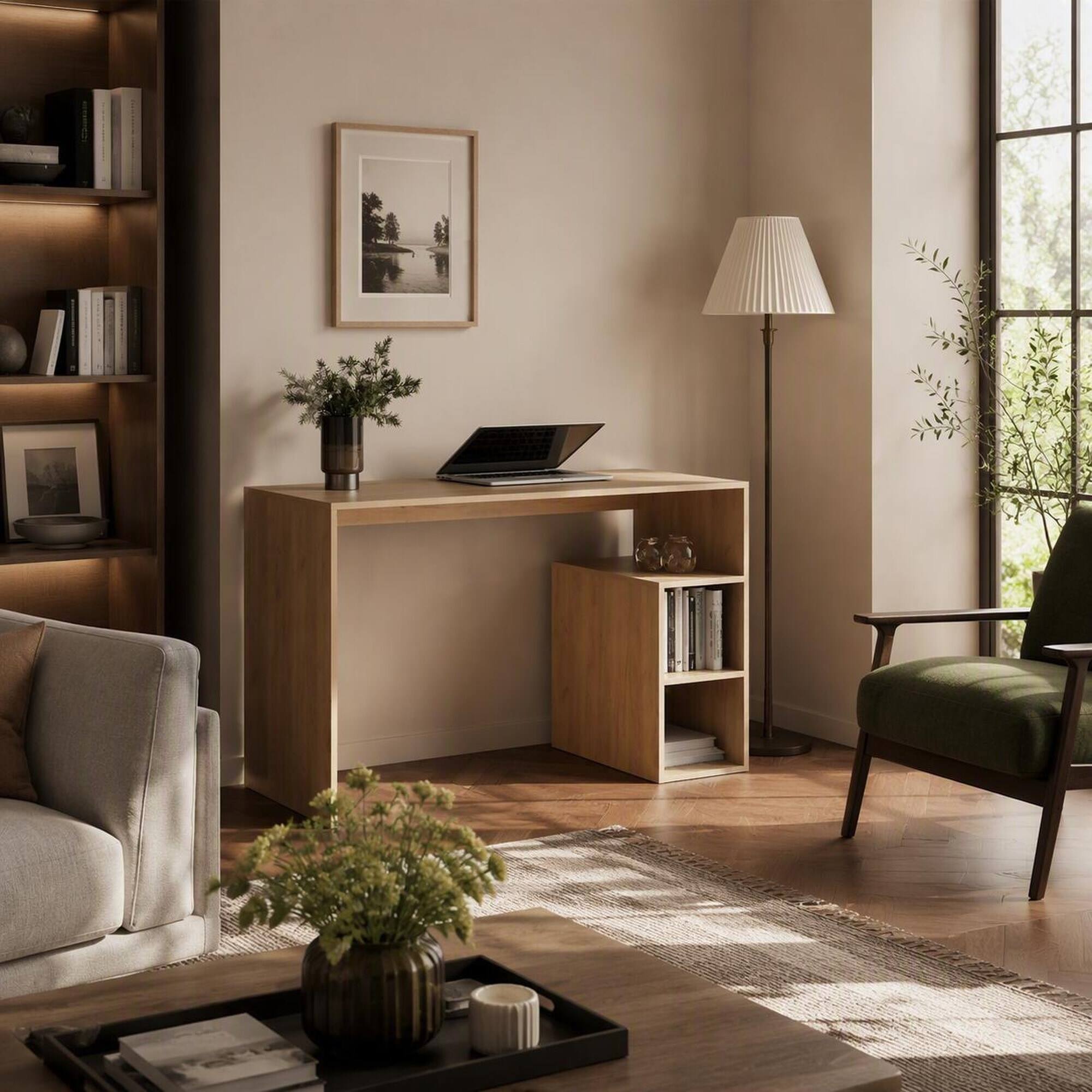 Back. RYHNUYNE - 47.2 in Natural Oak Writing Desk, Four Shelves, Compact Home Office and Study Workstation, 47.2x20.5x29.8 inches - Oak.