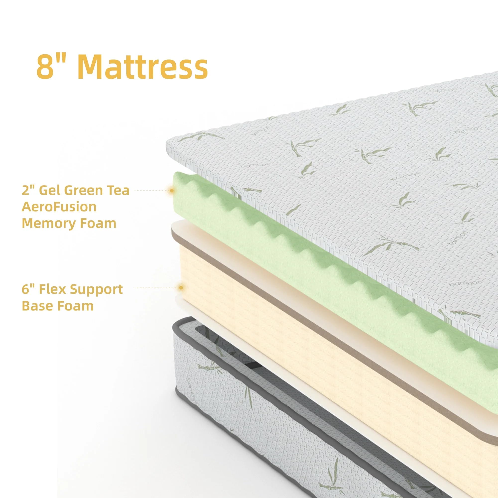 8" Mattress

2" Gel Green Tea AeroFusion Memory Foam

6" Flex Support Base Foam