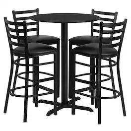Flash Furniture - Carlton 30'' Round Laminate Table Set with X-Base and 4 Ladder Back Metal Barstools - Vinyl Seat - Black