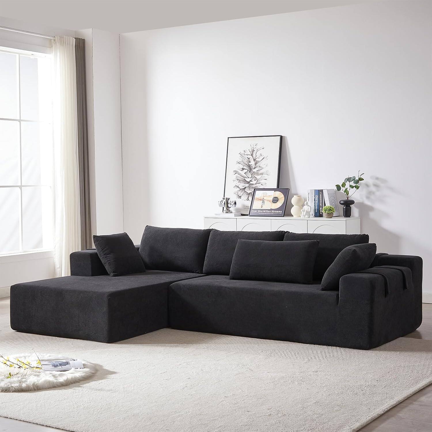Alt View 2. Trinkets Crazed - 108"Modular L Shaped Sectional Sofa Modern Comfy Corner Couches Sleeper Sofa with 6 Pillows (Left Chaise) - blak.