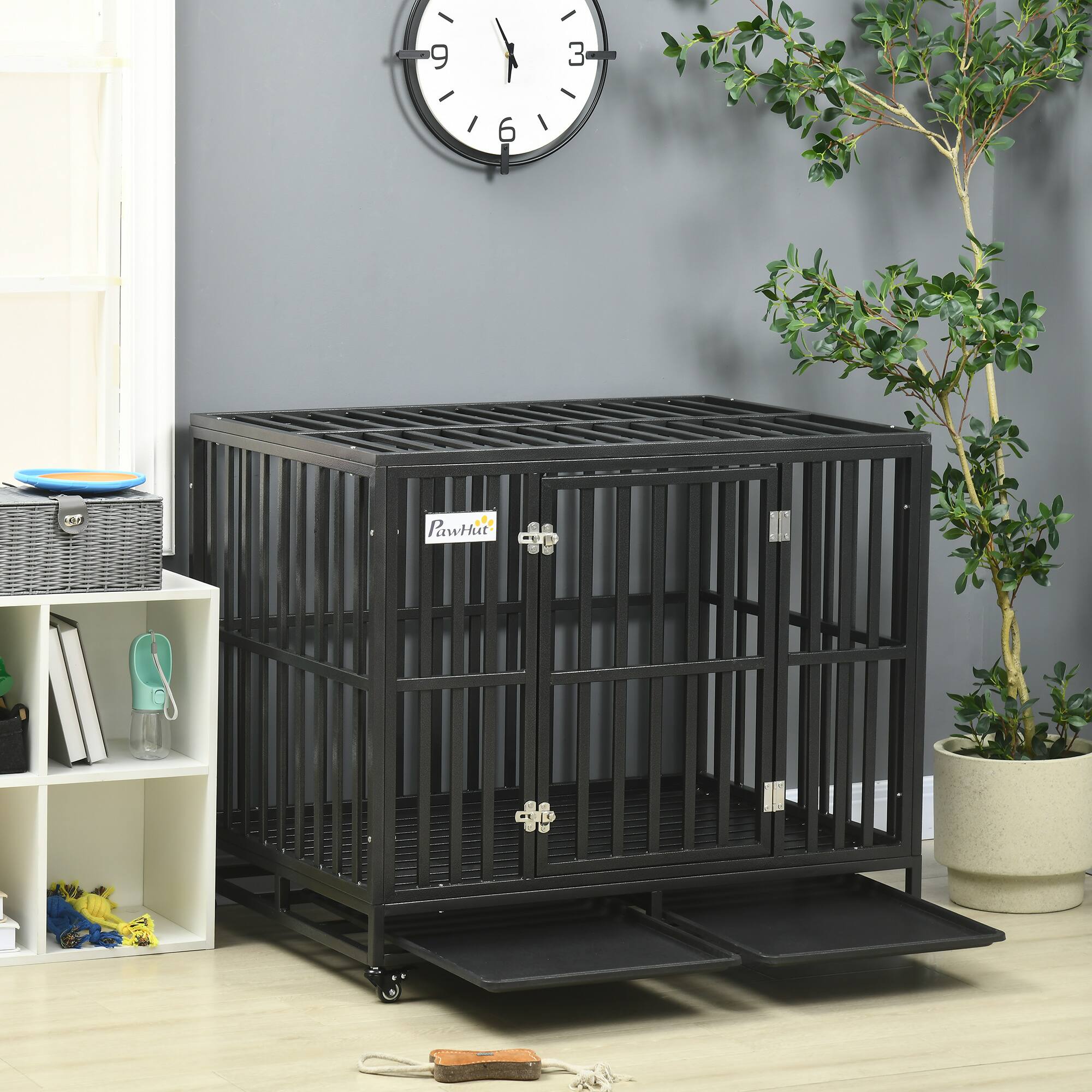Alt View 5. Pawhut - Heavy Duty Metal Dog Crate Kennel & Cage Playpen, with Lockable Wheels, Anti-Pinching Floor, 41" x 29.5" x 35".