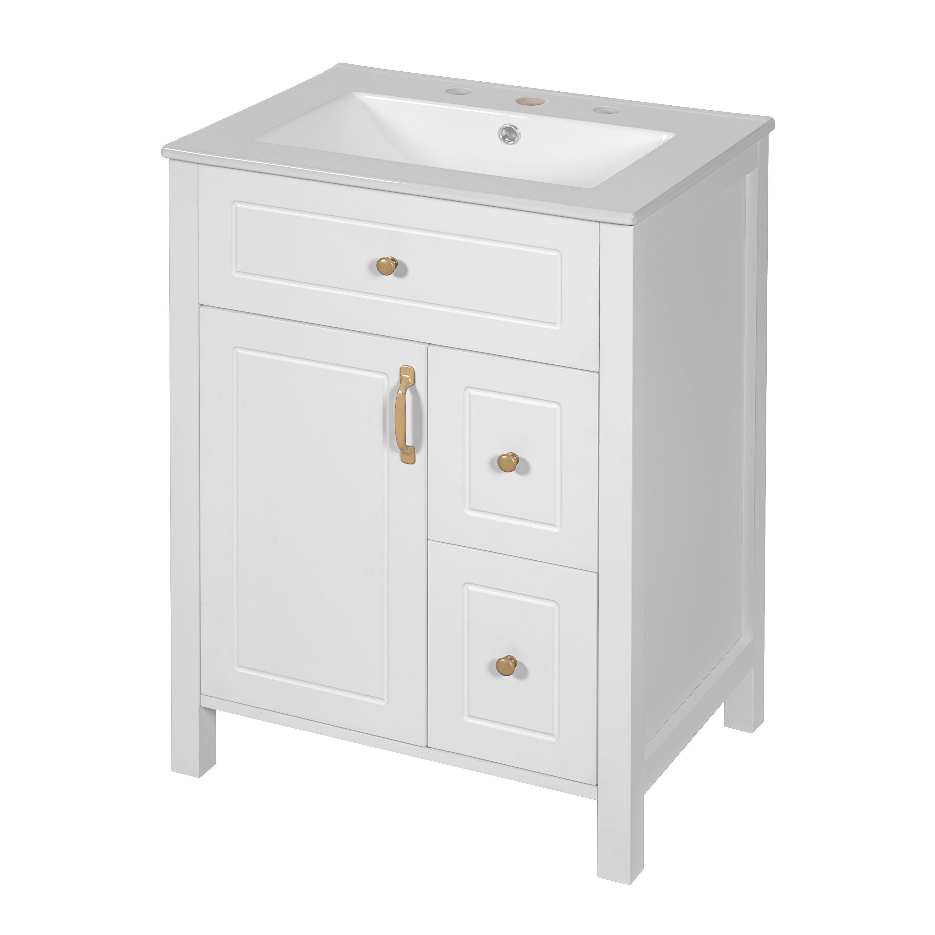 Left. Boyel Living - 24 Inch White Bathroom Vanity with Ceramic Sink Soft Close Door 2 Soft Close Drawers Double Door Racks - White.
