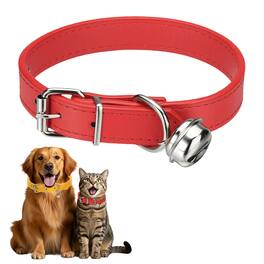 Unique Bargains - Dog Collar with Bell, Pu Leather Cat Collars Pet Basic Soft Padded Adjustable Buckle, 1 Pc, for Small Animals - Red
