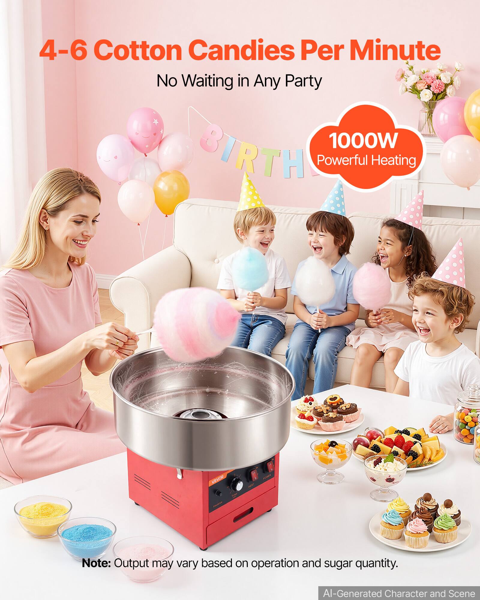4-6 Cotton Candies Per Minute  
No Waiting in Any Party  
1000W Powerful Heating  

Note: Output may vary based on operation and sugar quantity.  

AI-Generated Character and Scene