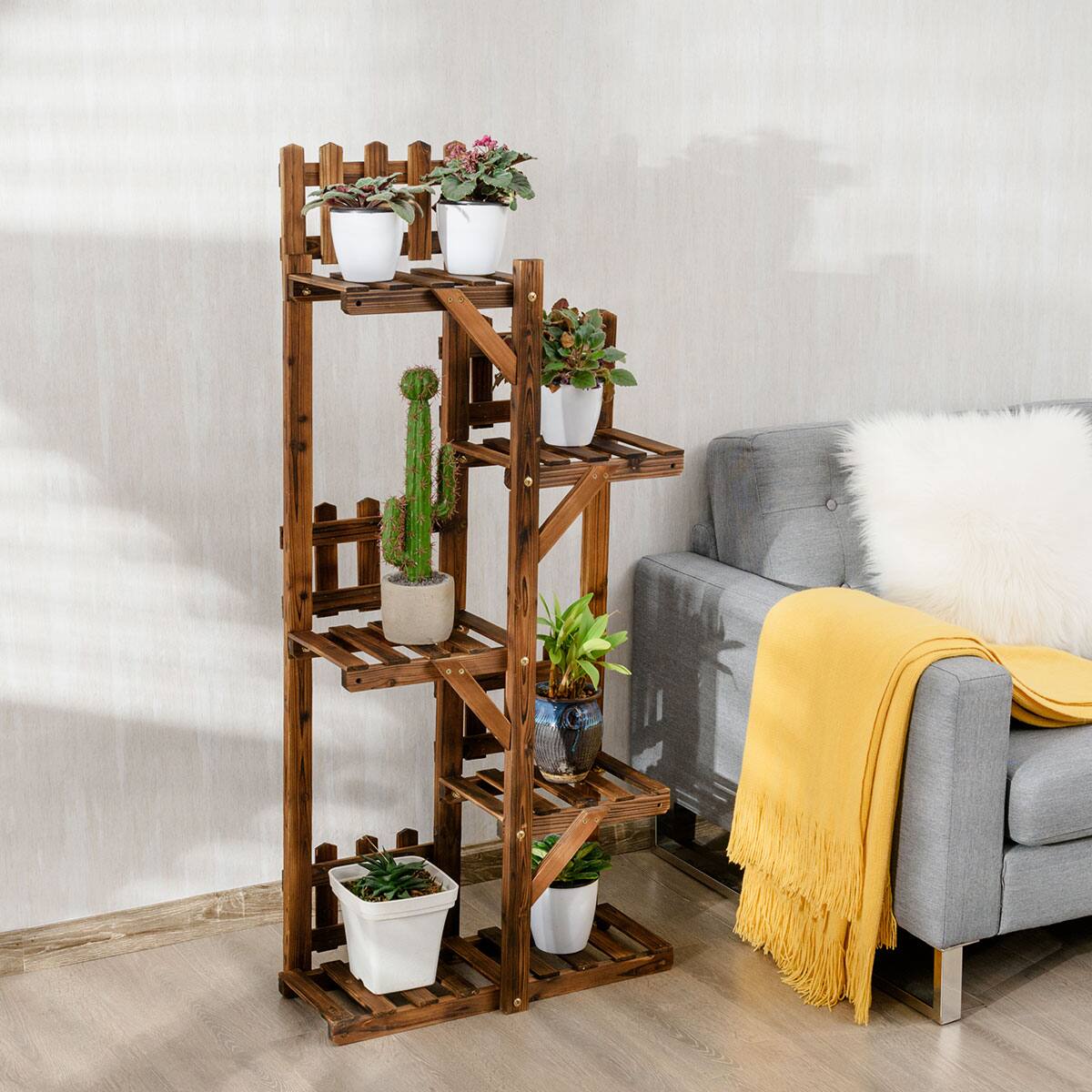 Alt View 5. Costway - 5-Tier Flower Rack Wood Plant Stand 6 Pots Display Shelf Multifunctional Rack - carbon baking.