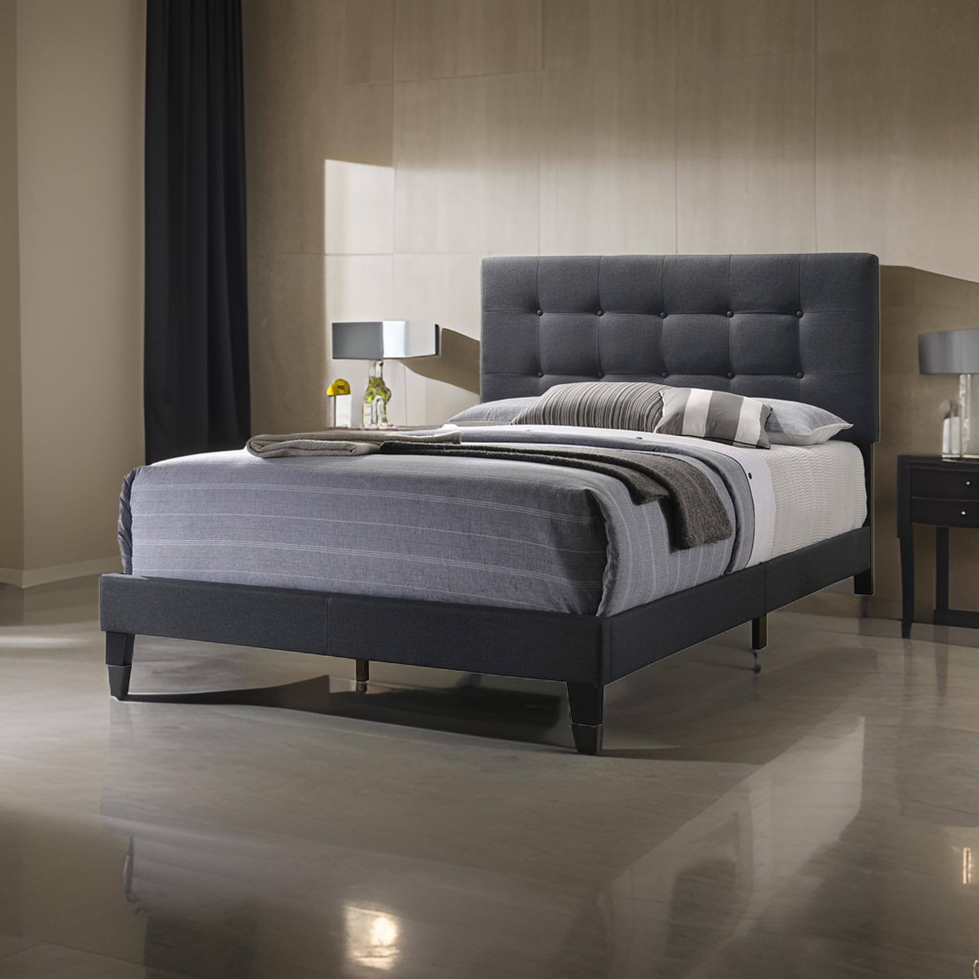 Alt View 5. Manhattan Lane - Full Size Bed with Square Button Tufted Headboard - Gray.