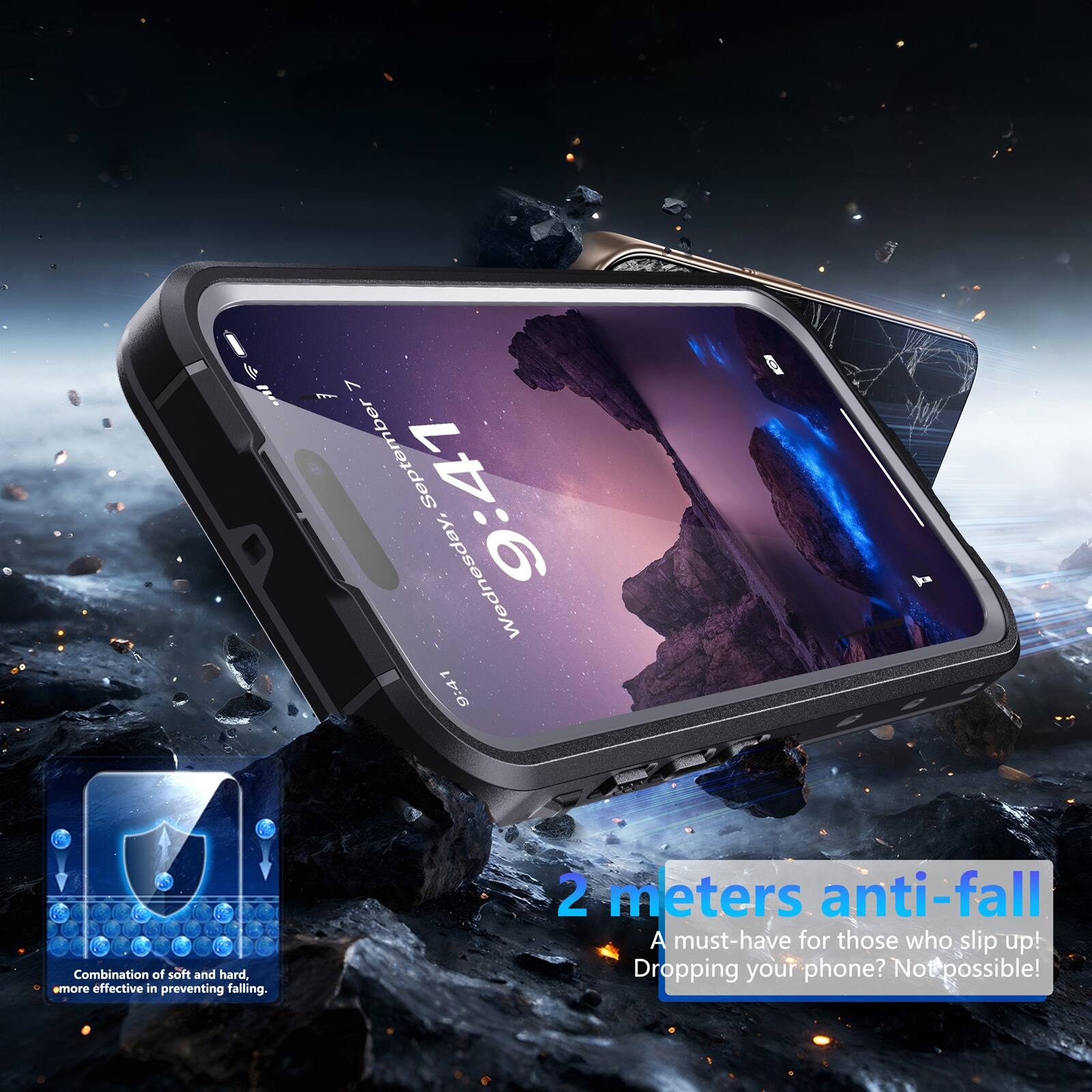 Itco  
September 9:41 Wednesday, 9:41  
Combination of soft and hard, more effective in preventing falling.  
2 meters anti-fall  
A must-have for those who slip up!  
Dropping your phone? Not possible!