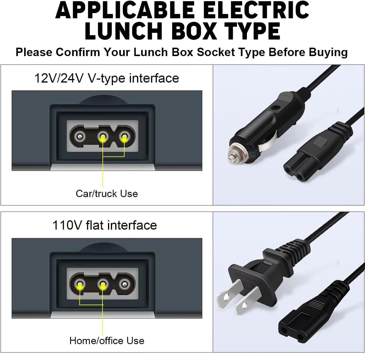 **APPLICABLE ELECTRIC LUNCH BOX TYPE**

Please Confirm Your Lunch Box Socket Type Before Buying

- **12V/24V V-type interface**  
  Car/truck Use

- **110V flat interface**  
  Home/office Use