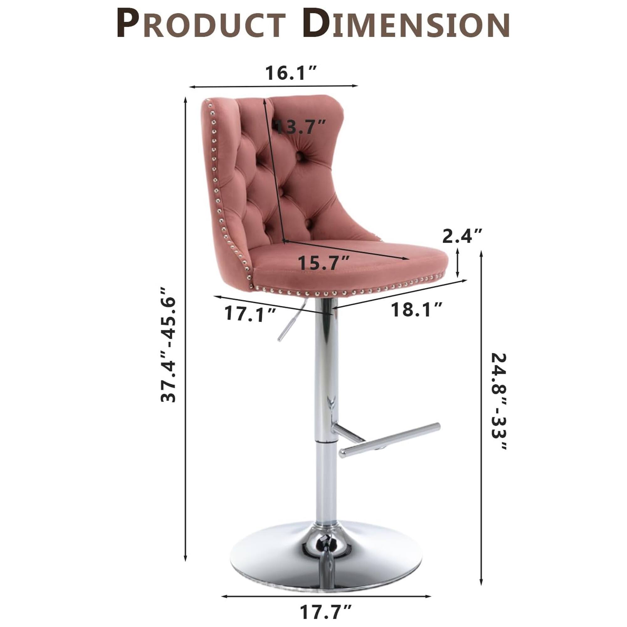 PRODUCT DIMENSION

- Height: 37.4" - 45.6"
- Seat Height: 16.1"
- Seat Depth: 15.7"
- Seat Width: 18.1"
- Back Height: 13.7"
- Back Width: 17.1"
- Armrest Height: 2.4"
- Base Diameter: 24.8" - 33"
- Base Height: 17.7"