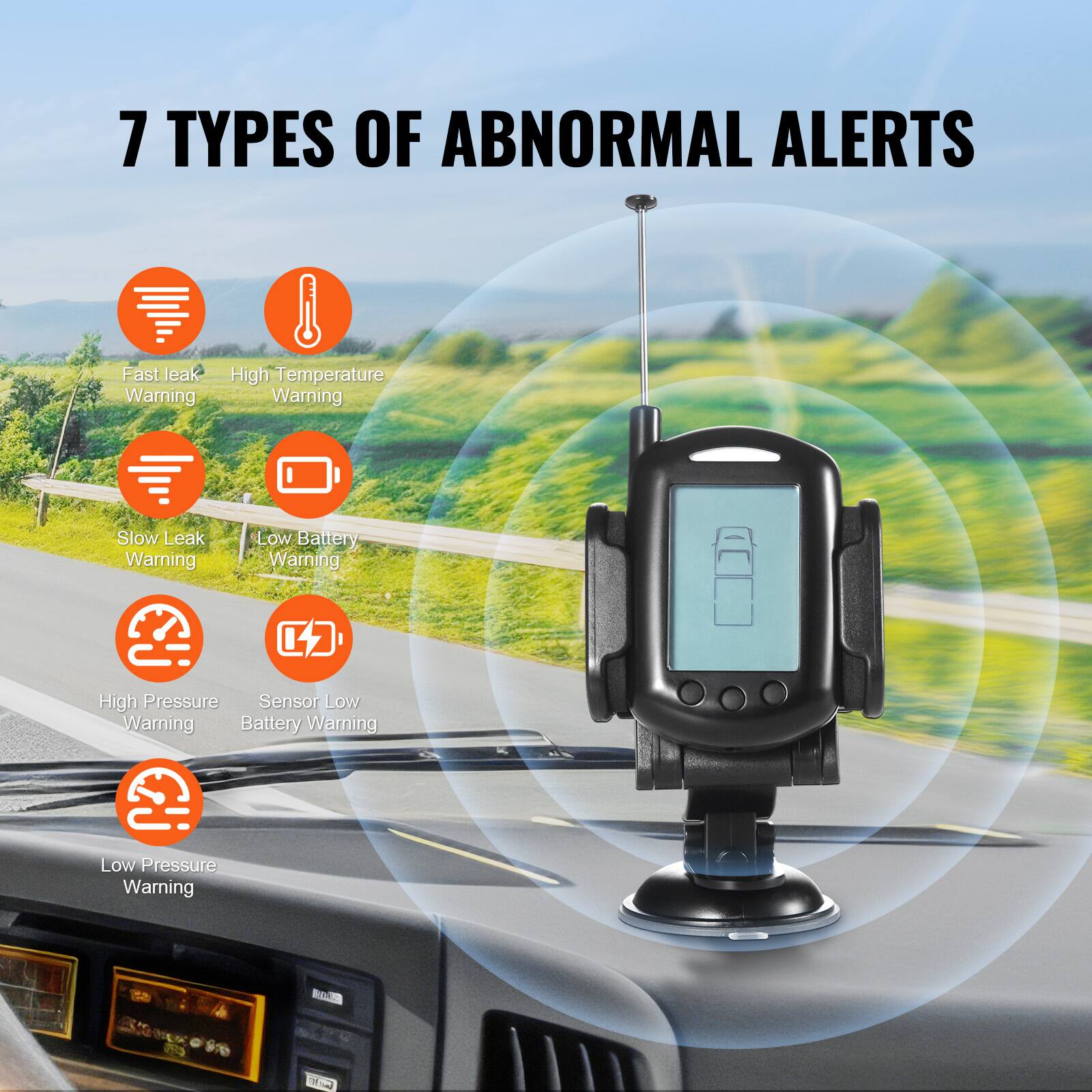 7 TYPES OF ABNORMAL ALERTS

- Fast Leak Warning
- High Temperature Warning
- Slow Leak Warning
- Low Battery Warning
- High Pressure Warning
- Sensor Low Battery Warning
- Low Pressure Warning