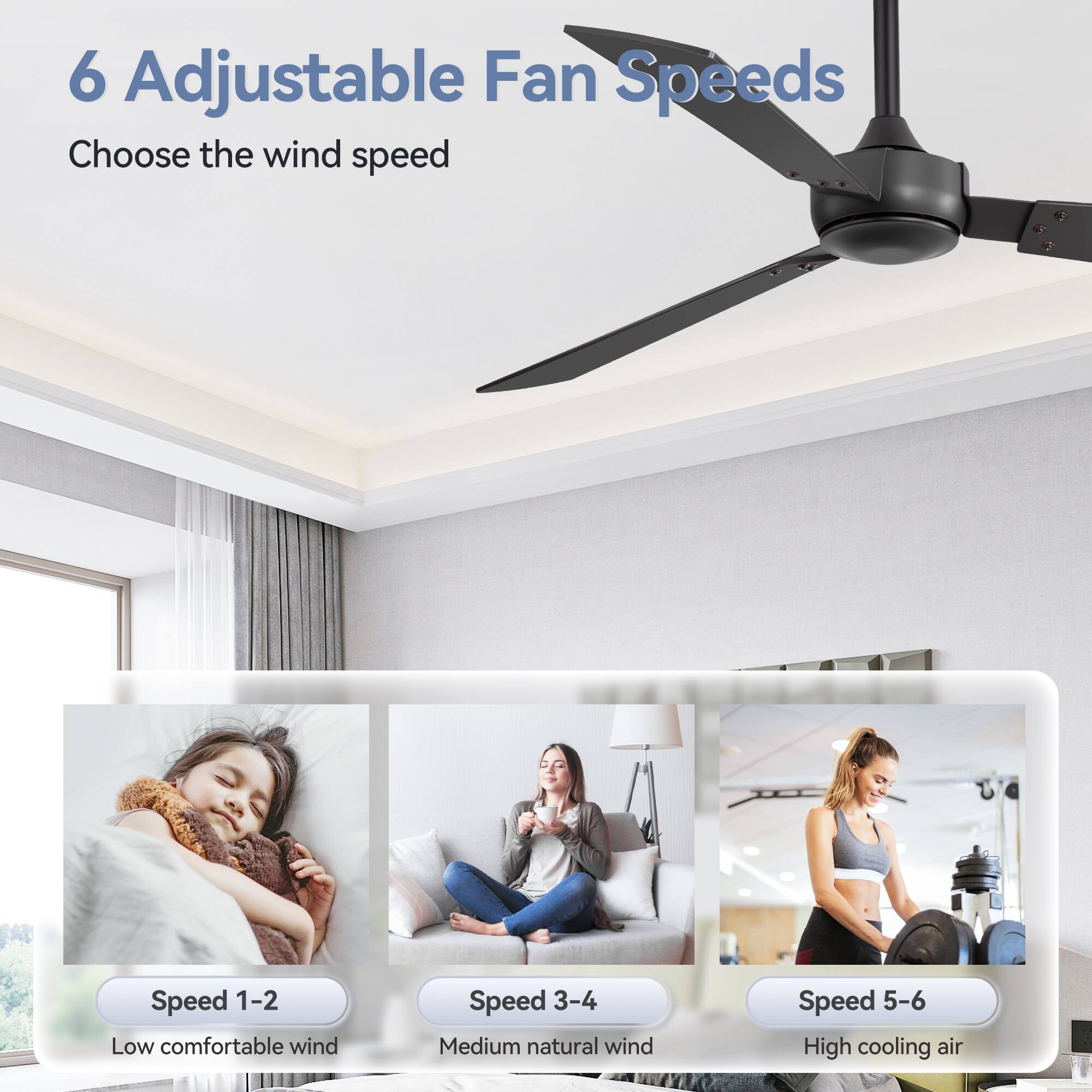 6 Adjustable Fan Speeds

Choose the wind speed

Speed 1-2 Low comfortable wind

Speed 3-4 Medium natural wind

Speed 5-6 High cooling air