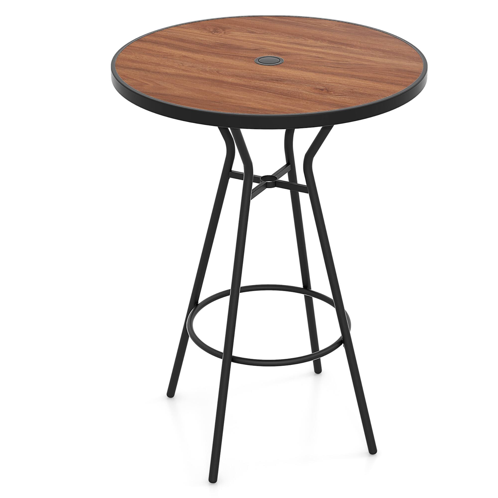 Alt View 7. Gymax - 28'' Outdoor Bar Table w/ Wood-Like Tabletop Umbrella Hole & Footrest for Backyard - Natural, Black.