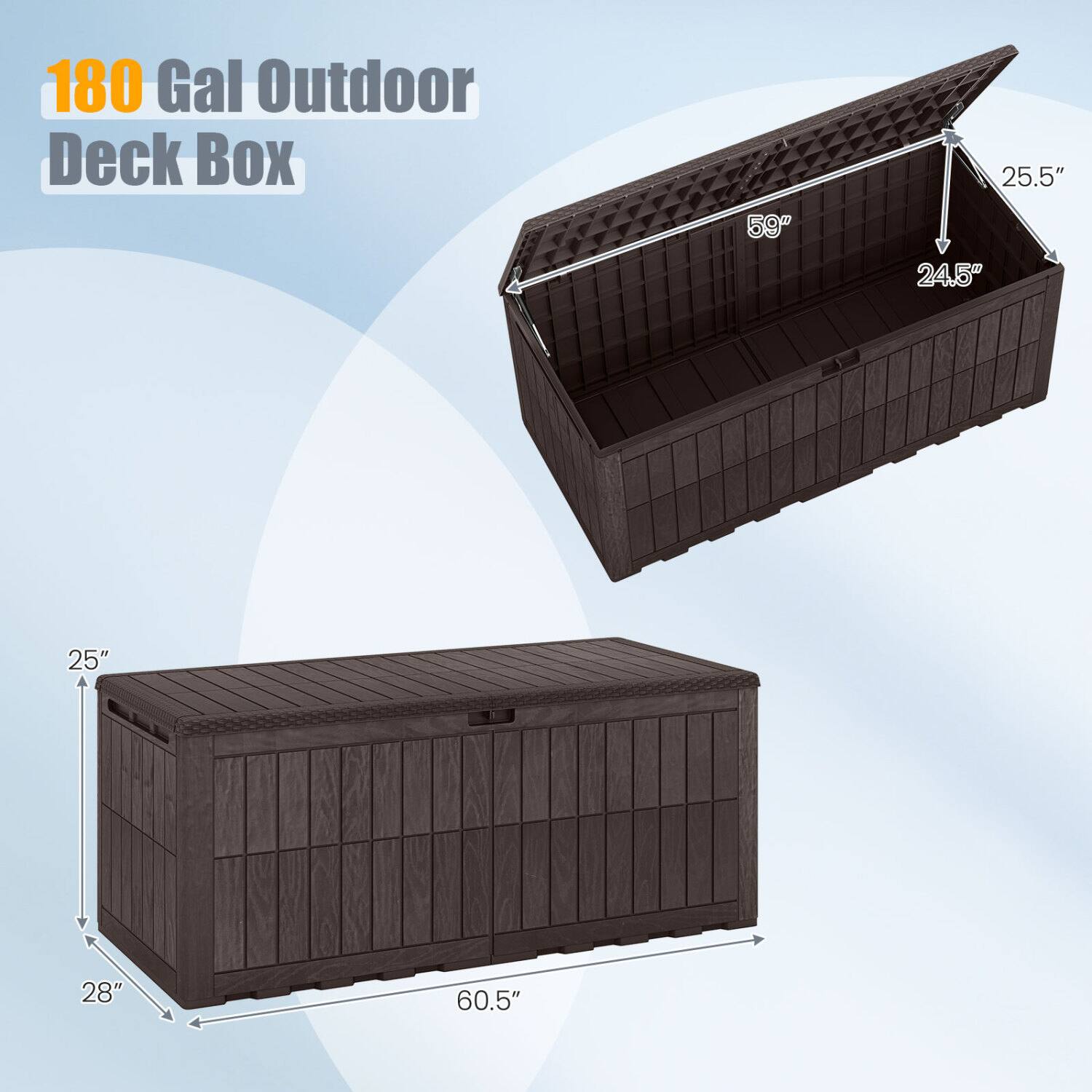180 Gal Outdoor Deck Box

59"
25.5"
24.5"
25"
28"
60.5"