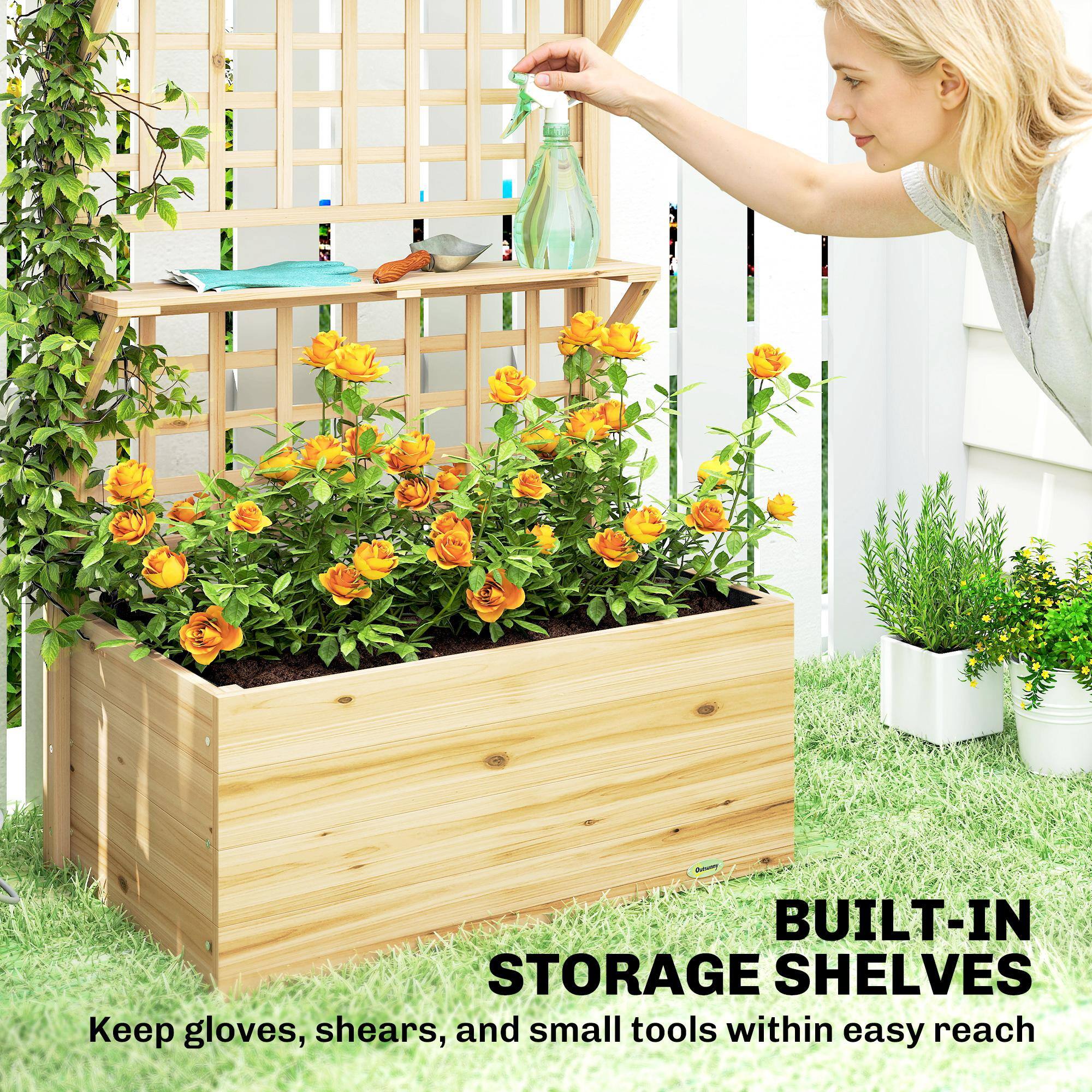 BUILT-IN STORAGE SHELVES  
Keep gloves, shears, and small tools within easy reach