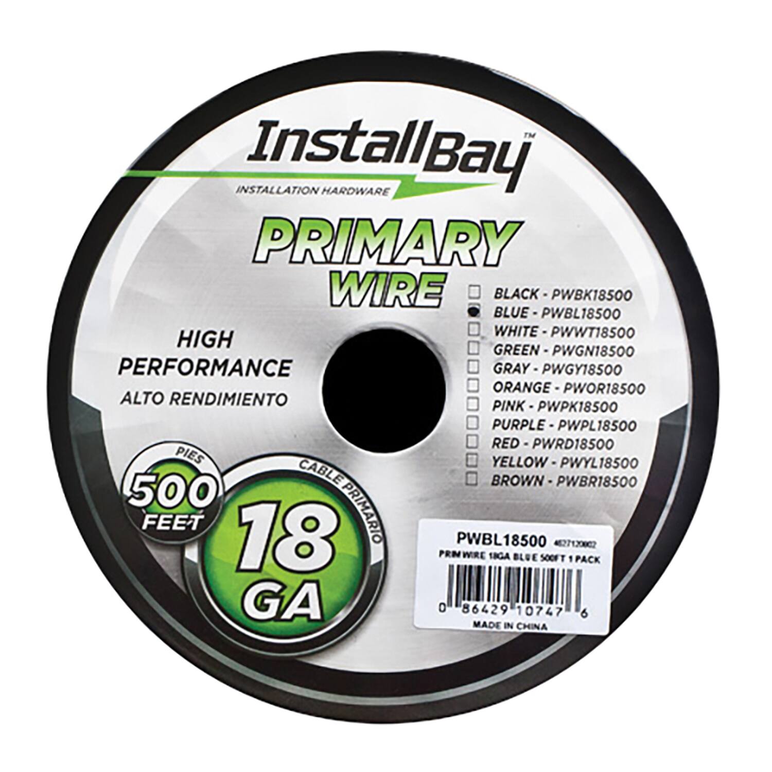 **InstallBay™**  
**INSTALLATION HARDWARE**  

**PRIMARY WIRE**  
**HIGH PERFORMANCE**  
**ALTO RENDIMIENTO**  

**500 FEET**  
**18 GA**  

**BLACK - PWBK18500**  
**BLUE - PWBL18500**  
**WHITE - PWWT18500**  
**GREEN - PWGN18500**  
**GRAY - PWGY18500**  
**ORANGE - PWOR18500**  
**PINK - PWPK18500**  
**PURPLE - PWPL18500**  
**RED - PWRD18500**  
**YELLOW - PWYL18500**  
**BROWN - PWBR18500**  

**CABLE PRIMARIO**  
**PIES**  

**PWBL18500**  
**PRNWRE SIGA BLUE 500FT PACK GA O 86429**  
**10747**  
**MADE IN CHINA**