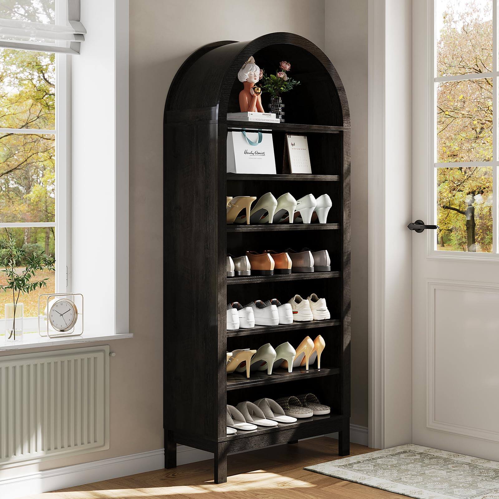 Alt View 2. Jojoka - 71" Tall Arched Bookcase, 7-Tier Freestanding Open Bookshelf with Adjustable Shelves for Living Room Office - Black.