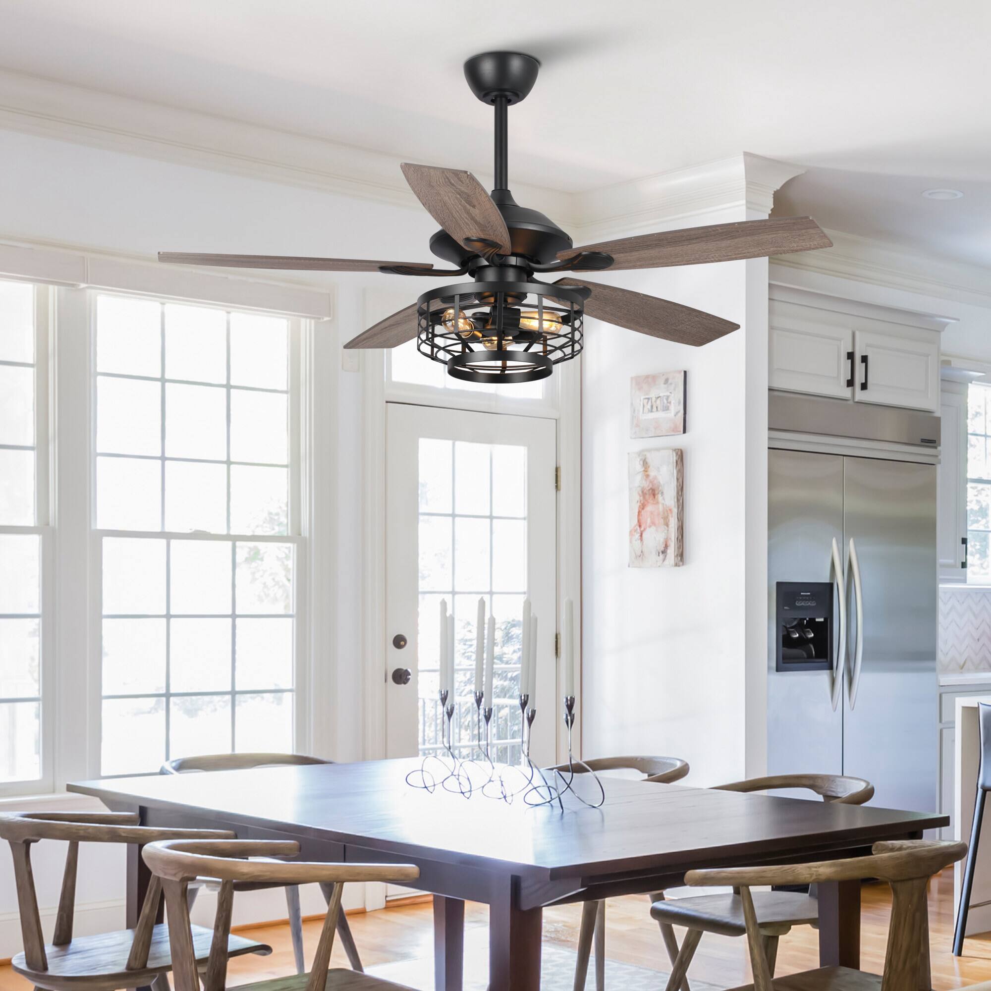 Alt View 1. Parrot Uncle - 52" Industrial Wood 5-Blade 3-Light Metal Ceiling Fan with Remote - Black.