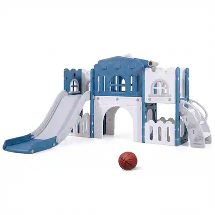 Front. Costway - Costway All in 1 Toddle Slide Playset Freestanding Kids Slide with Tunnel, Basketball Hoop - Blue + White.