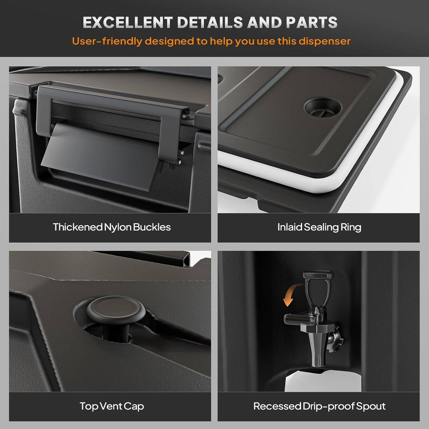 EXCELLENT DETAILS AND PARTS  
User-friendly designed to help you use this dispenser  

- Thickened Nylon Buckles  
- Inlaid Sealing Ring  
- Top Vent Cap  
- Recessed Drip-proof Spout