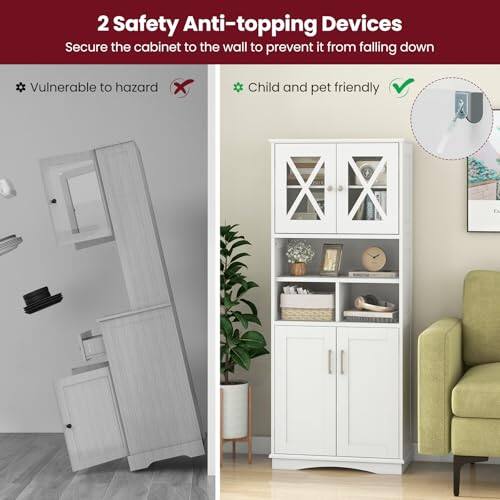 2 Safety Anti-topping Devices, Secure the cabinet to the wall to prevent it from falling down, Vulnerable to hazard X, Child and pet friendly ✓