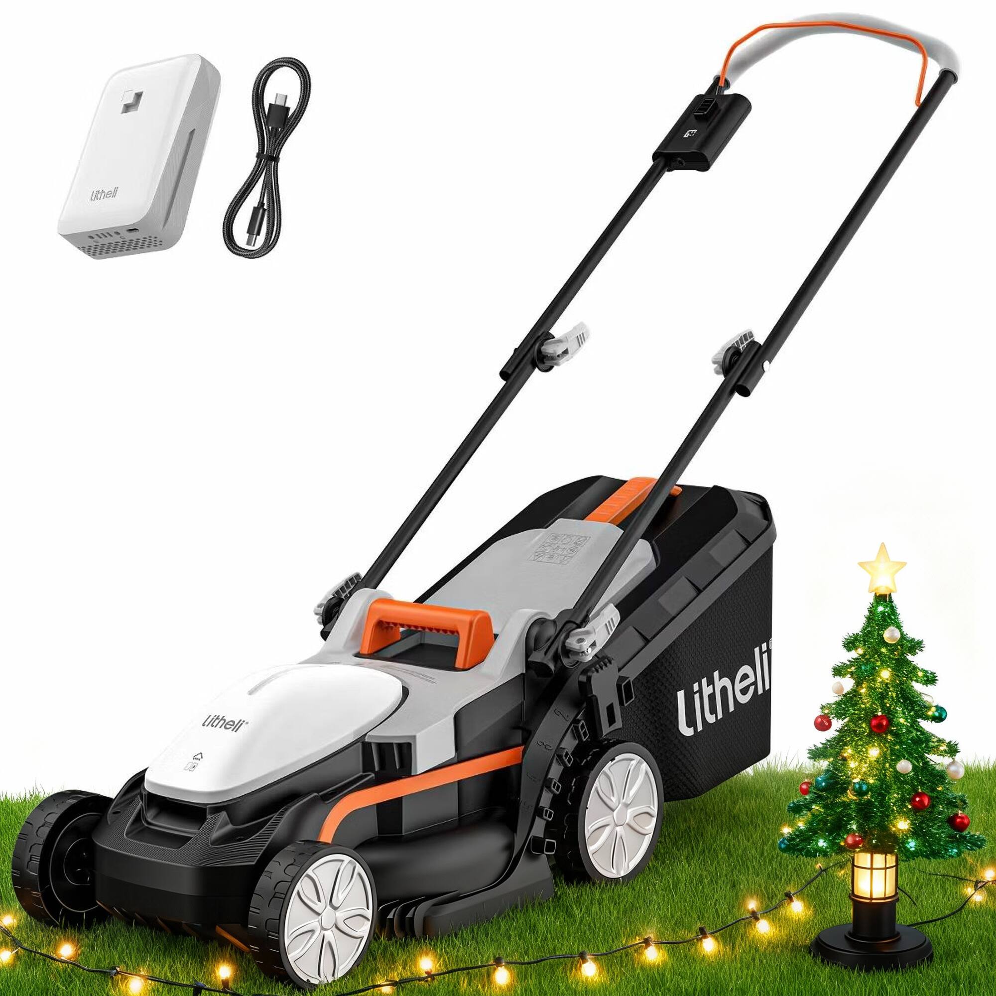 Litheli - Cordless Lawn Mower 13 Inch, U20 Handy+ 20V Electric Lawn Mowers for Garden, Yard and Farm, 5 Heights Adjustment - Orange and white and black