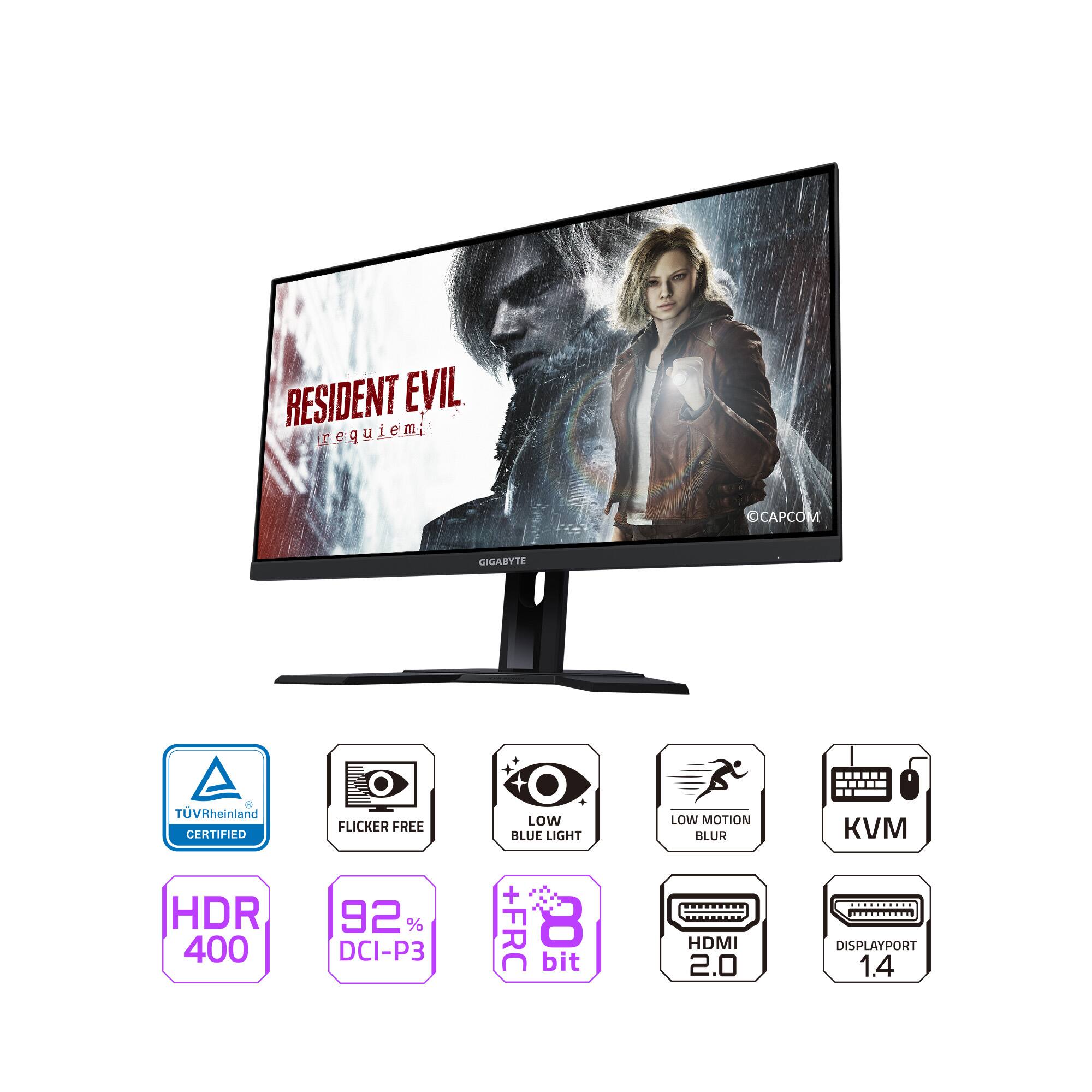 RESIDENT EVIL requiem  
CAPCOM  
GIGABYTE  
TÜV Rheinland CERTIFIED  
HDR 400  
FLICKER FREE  
92% DCI-P3  
LOW BLUE LIGHT  
FRC  
8 bit  
LOW MOTION BLUR  
HDMI 2.0  
DISPLAYPORT 1.4  
KVM