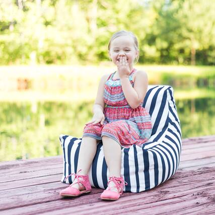 Front. Jaxx - Jaxx Juniper Jr Outdoor Kids Bean Bag Chair / Childrens Garden Chair, Navy Stripes - Navy Stripes.