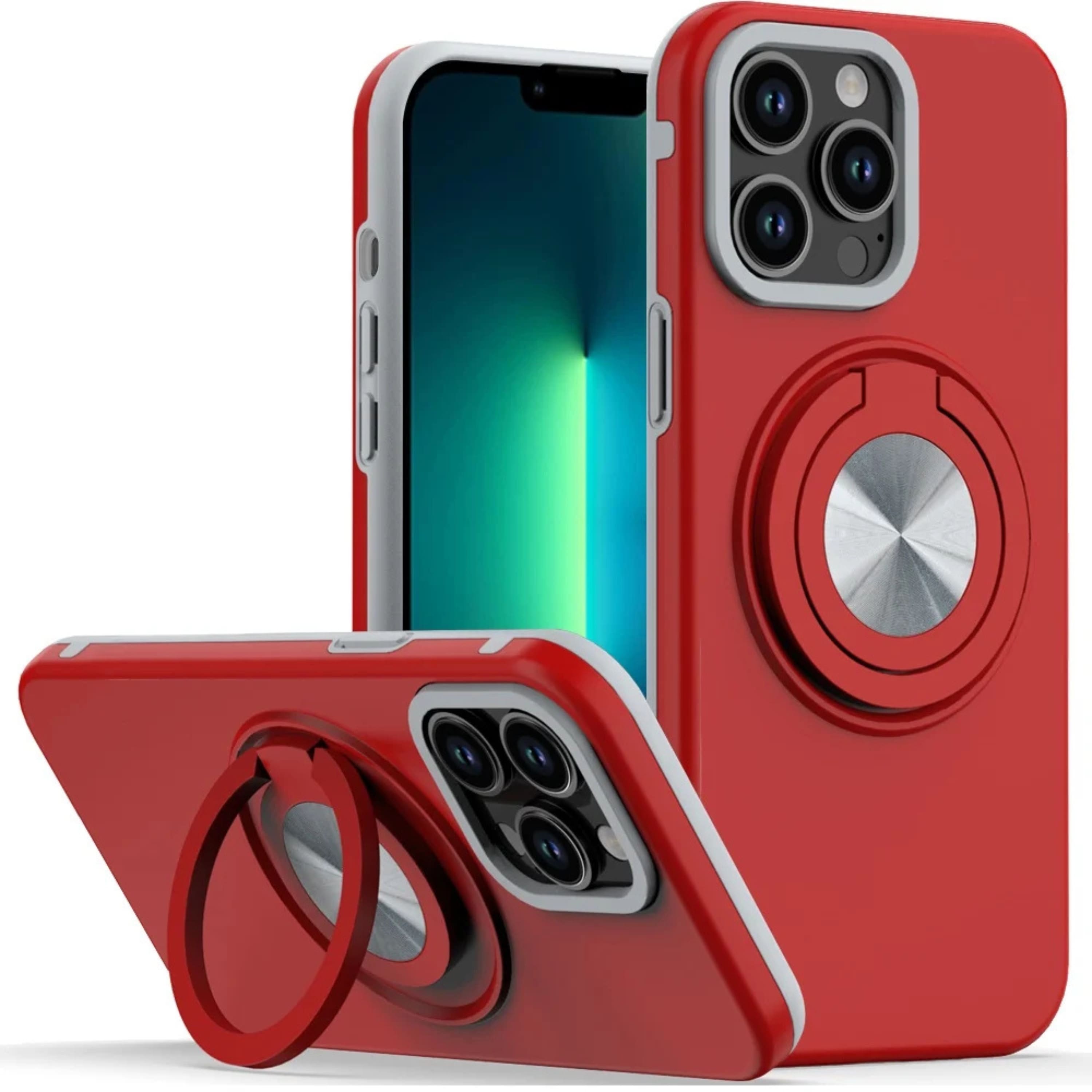 Kitcheniva - Shockproof Ring Stand Protective Cover With 2 Tempered Glass For iPhone 13 Pro Max - Red price history on PriceWatchPro